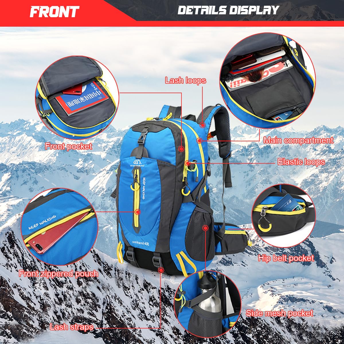 Sac Randonnée 40L,Sac de Randonnée Hommes Femmes Imperméable avec Bretelles Ajustables pour Randonnée,Camping,Trekking