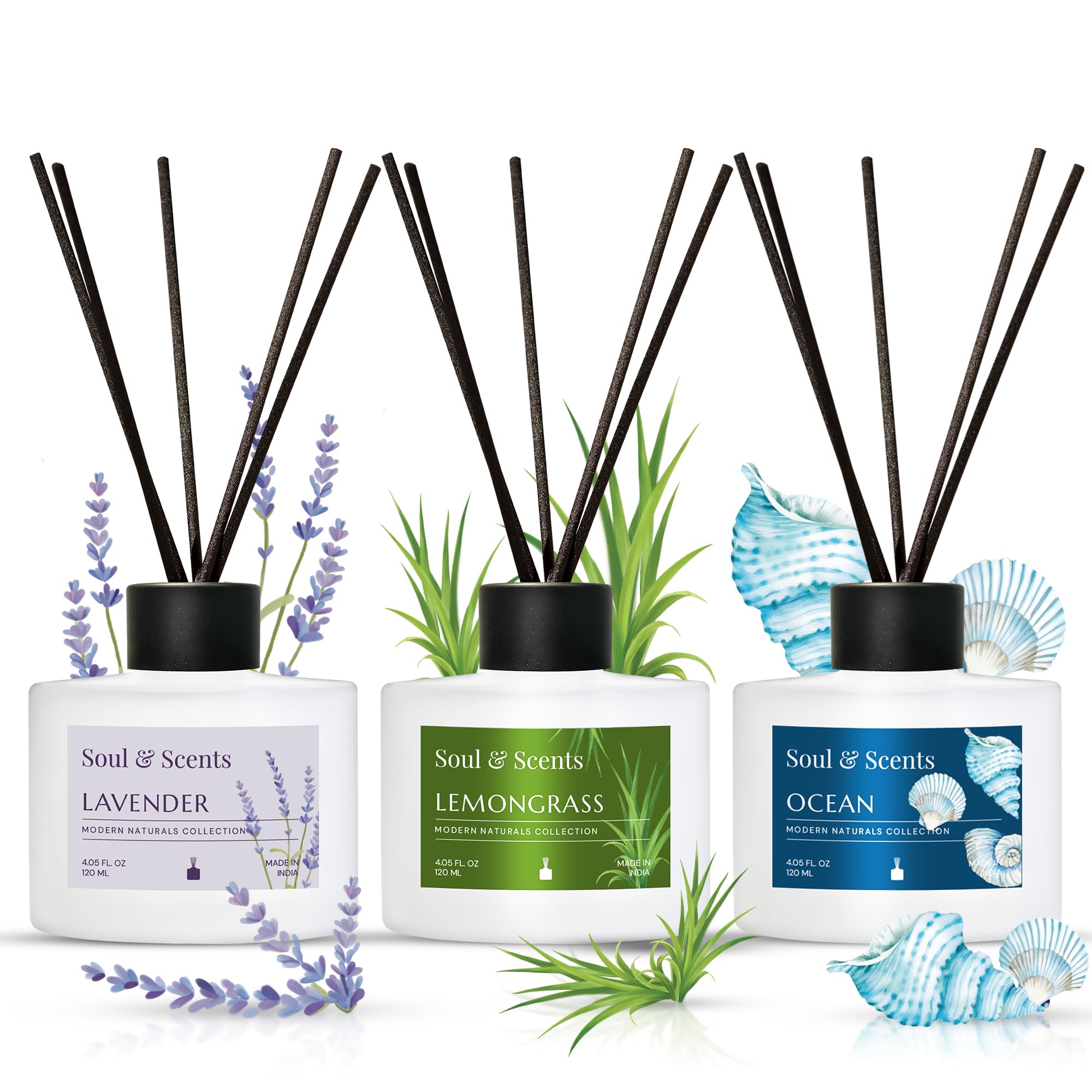Soul & Scents Lavender, Lemongrass and Ocean Reed Diffuser Set - 120ml with Free 6 Fiber Reed Sticks Each | Toxin Free & Stress Relief | Room Freshener for Home, Bedroom & Office | Combo Pack of 3