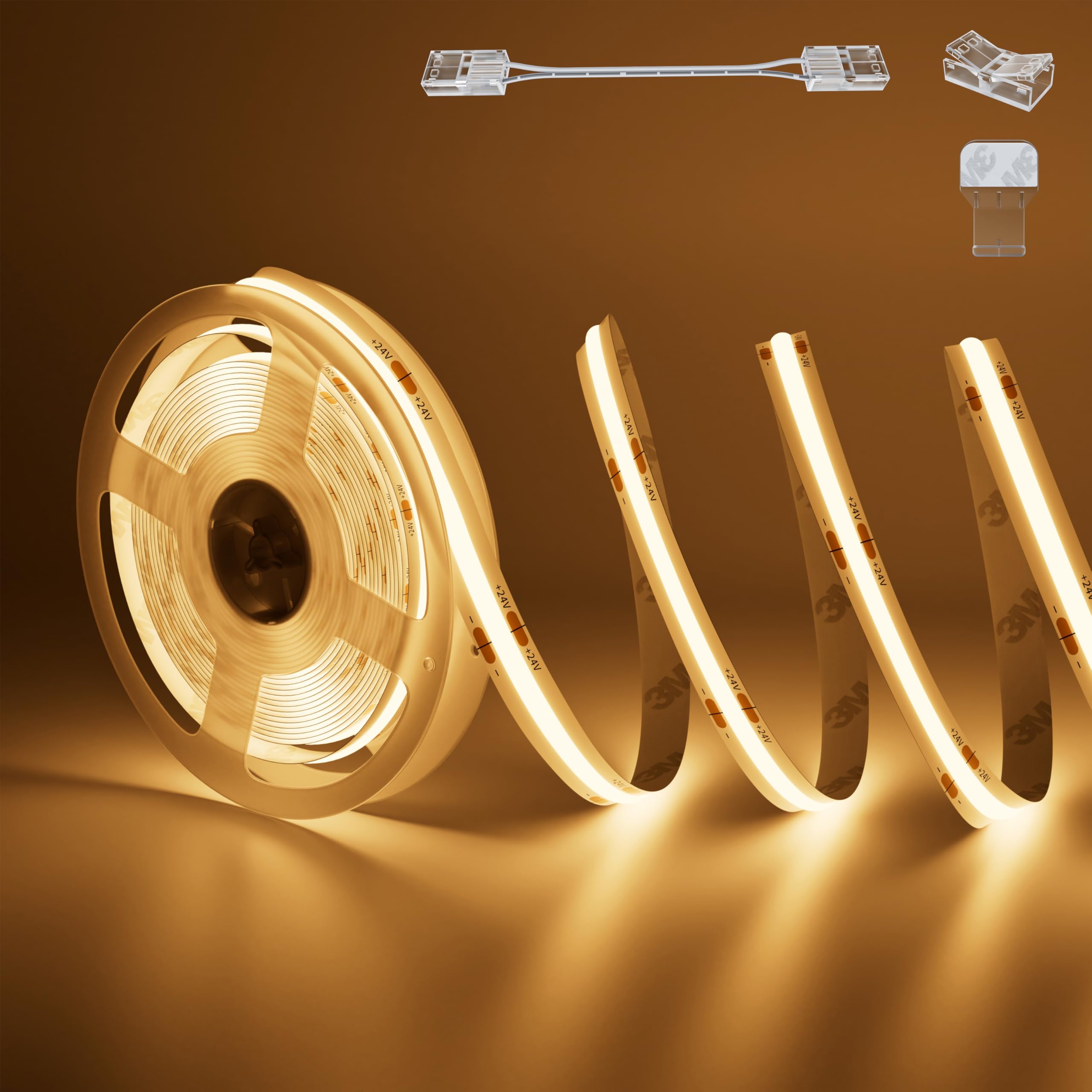 COB LED Strip Light 20ft/6.1m 3087LEDs Warm White 2700K CRI90+ High Lumen Super Bright,Lead-free Material Flexible DC24V LED Tape for Home&Office DIY Lighting Project(Power Supply Not Included)