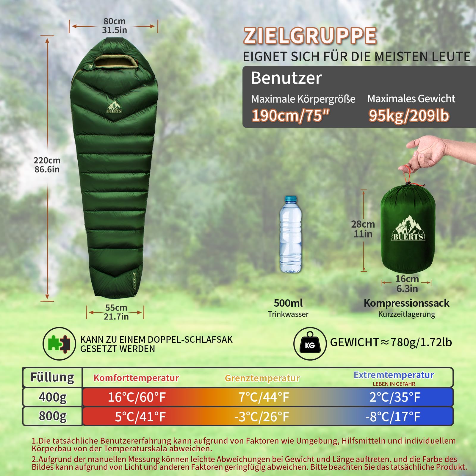 Daunenschlafsack Ultraleicht mit kleinem Packmaß(620FP/RDS)-Sommerschlafsack für Camping,Trekking,Bikepacking&Reisen-Geeignet für Erwachsene,Jugendliche&Familien.