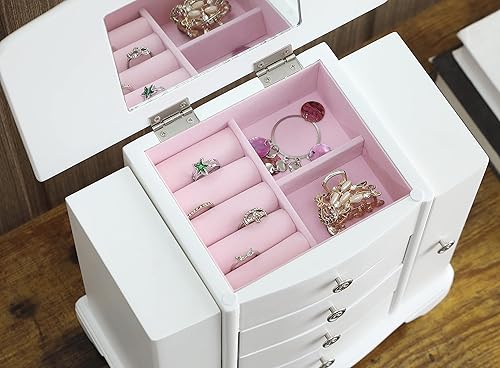 Miniatura 8 de Stufurhome Snow - Joyero de 4 cajones con 2 compartimentos laterales y un compartimento superior con soporte para espejo y anillos, color blanco