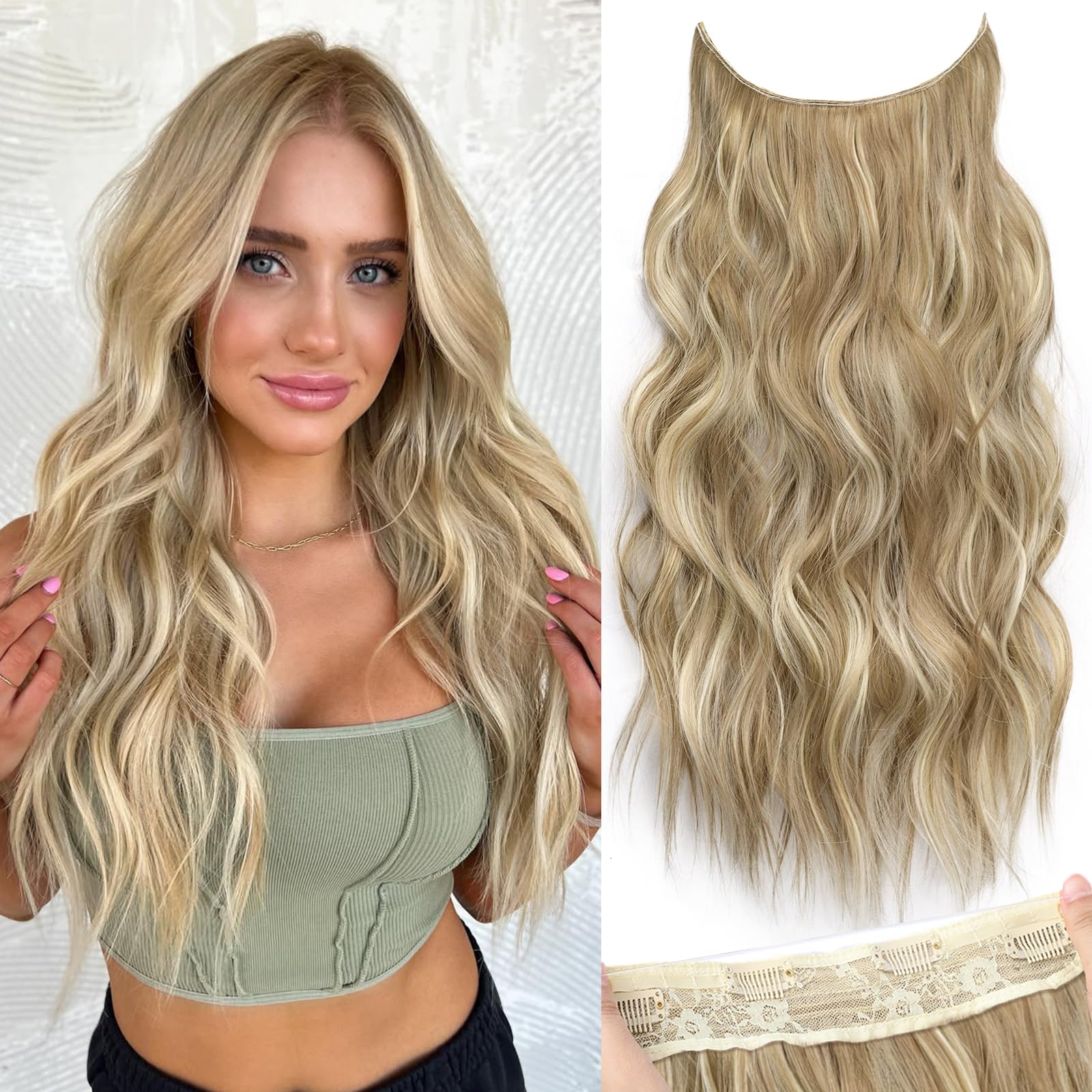 KooKaStyle Invisible Wire Hair Extensions with Transparent Wire Adjustable Size 4 Secure Clips Long Wavy Curly Secret Synthetic Hairpieces(20 Inch,Dark Ash Blonde mix Light Blonde Highlights)