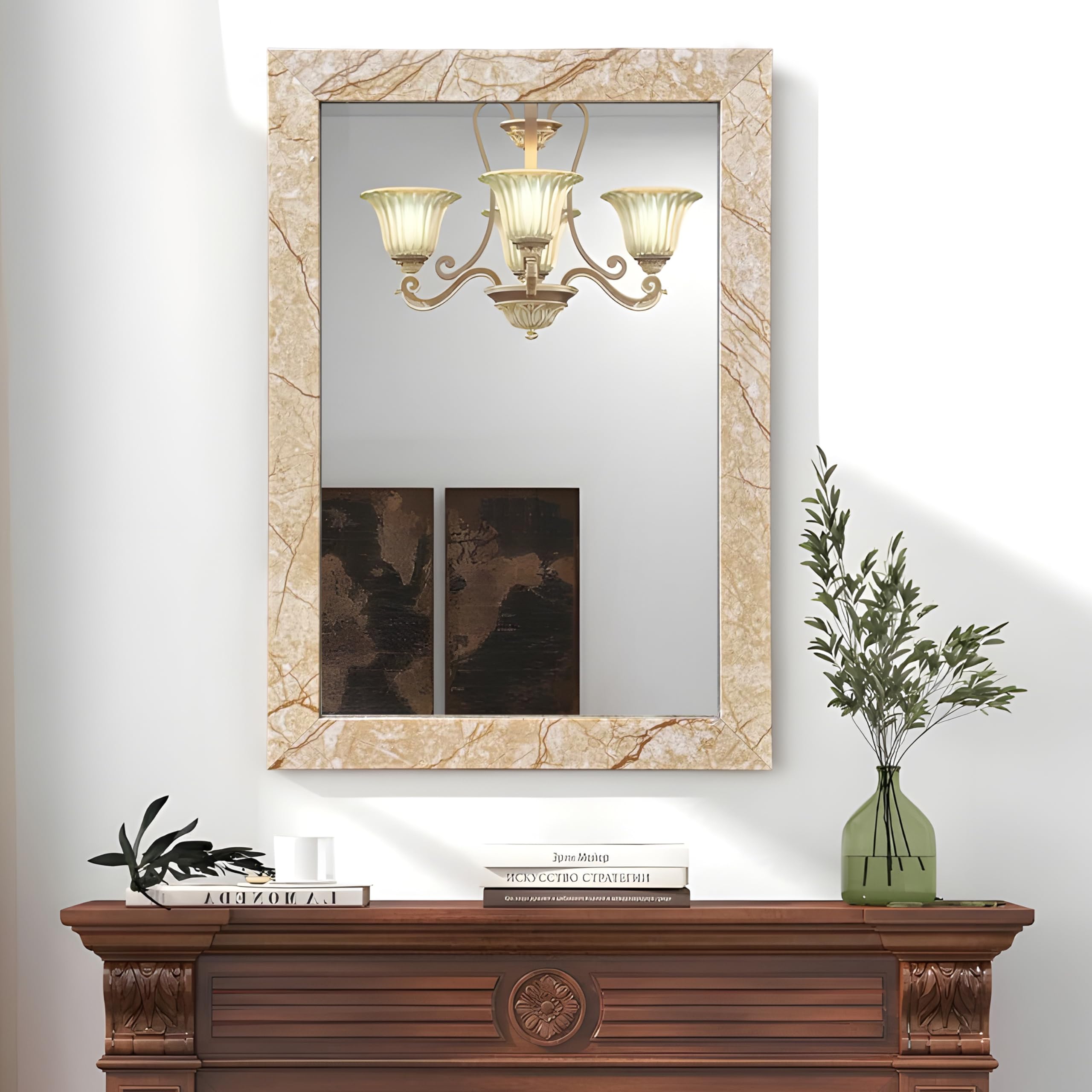 Art Street Bathroom Wall Mirror, White Marble Wall Mount Rectangular Makeup Mirror, Decorative Looking Glass with Frame for Home, Bathroom & Living Room (Size: Inner: 16x24 in, Outer: 19x27 Inch)-picture-12