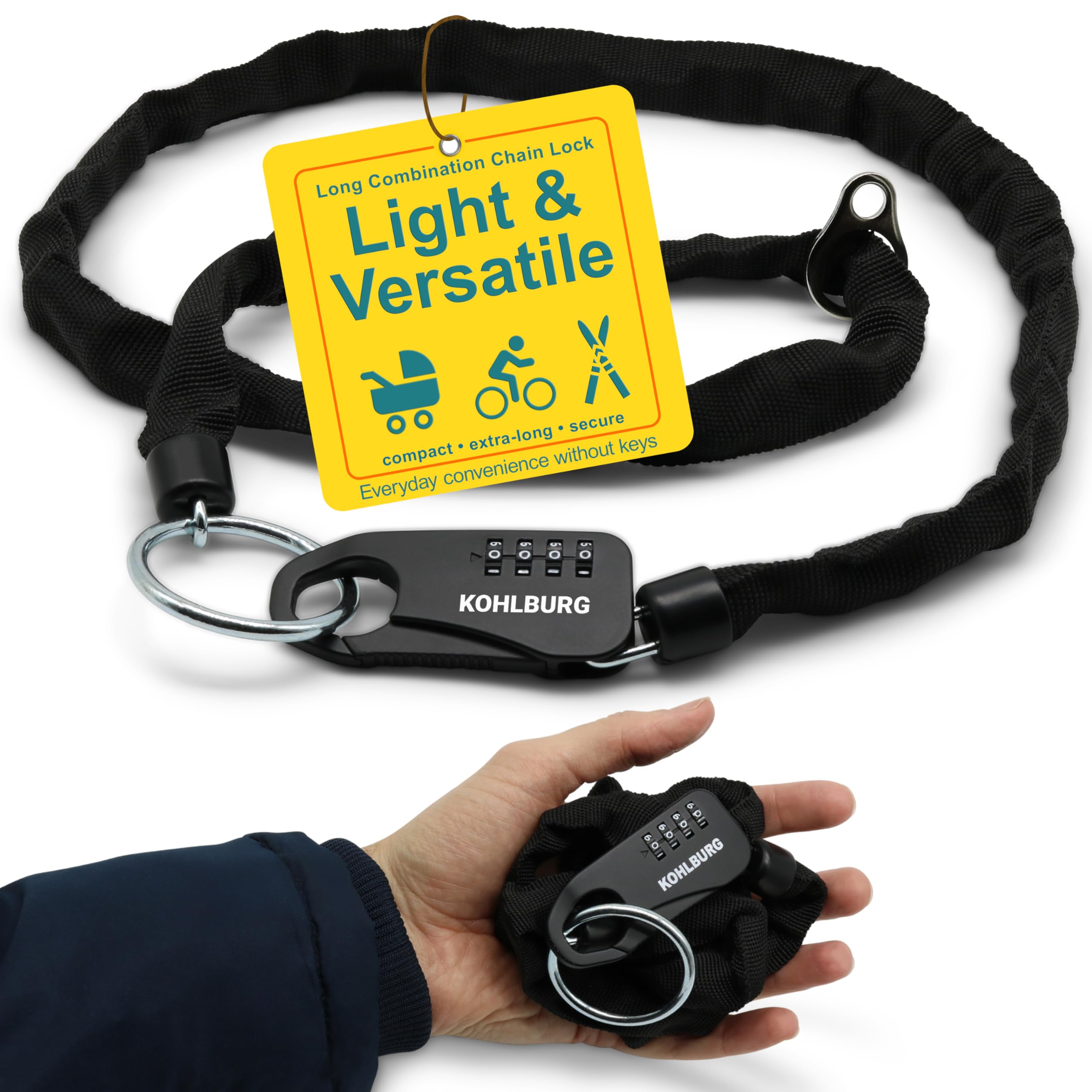 KOHLBURGSecure 129cm / 51" Long Combination Chain Lock for The Pocket - 3mm Strong - Robust Security for ski, Motorbike Helmet & Accessories - 4-Digit Number Code
