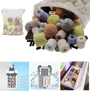 Aquarium Filter Media 15-in-1 Mineral Balls & Ceramic Rings - 1000g with Zippered Mesh Bag for Fish Tank/Pond Filters