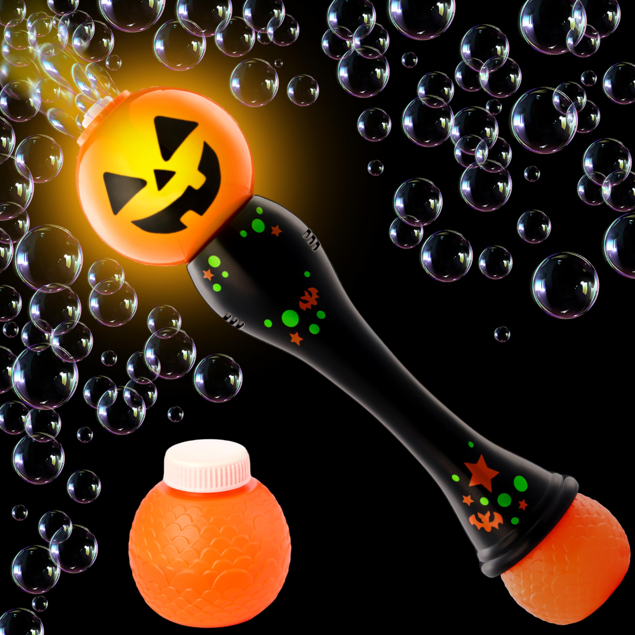 JOYIN Varita sopladora de burbujas de calabaza con luz de Halloween, máquina de burbujas automática brillante con 2 soluciones de burbujas, juguetes de fiesta de Halloween, premios de juego de