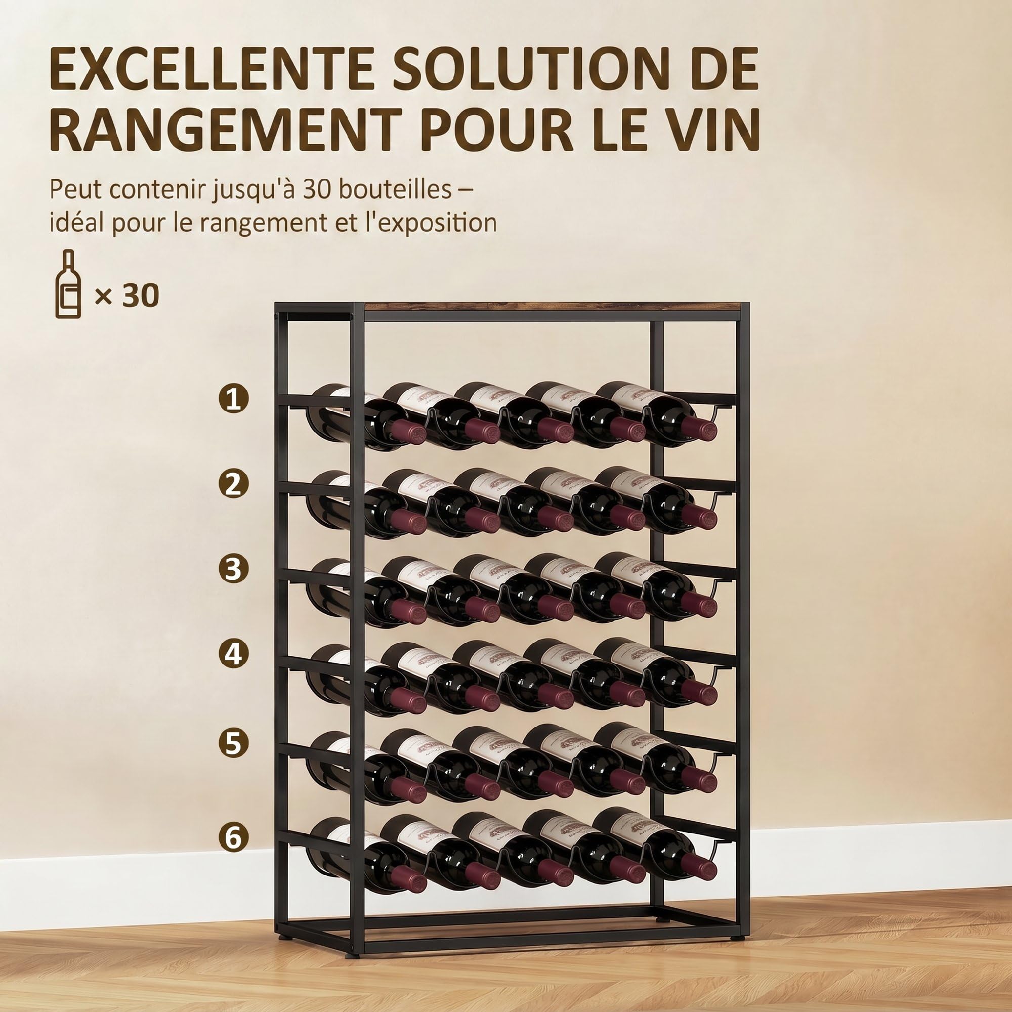HOMCOM Casier à Bouteilles pour 30 Bouteilles, étagère à vin avec 6 Niveaux avec Plateau Effet Bois, Style Industriel, casier à vin en métal, pour Cave, Bars, sous-sols, 59x30x88,5cm, Brun Rustique