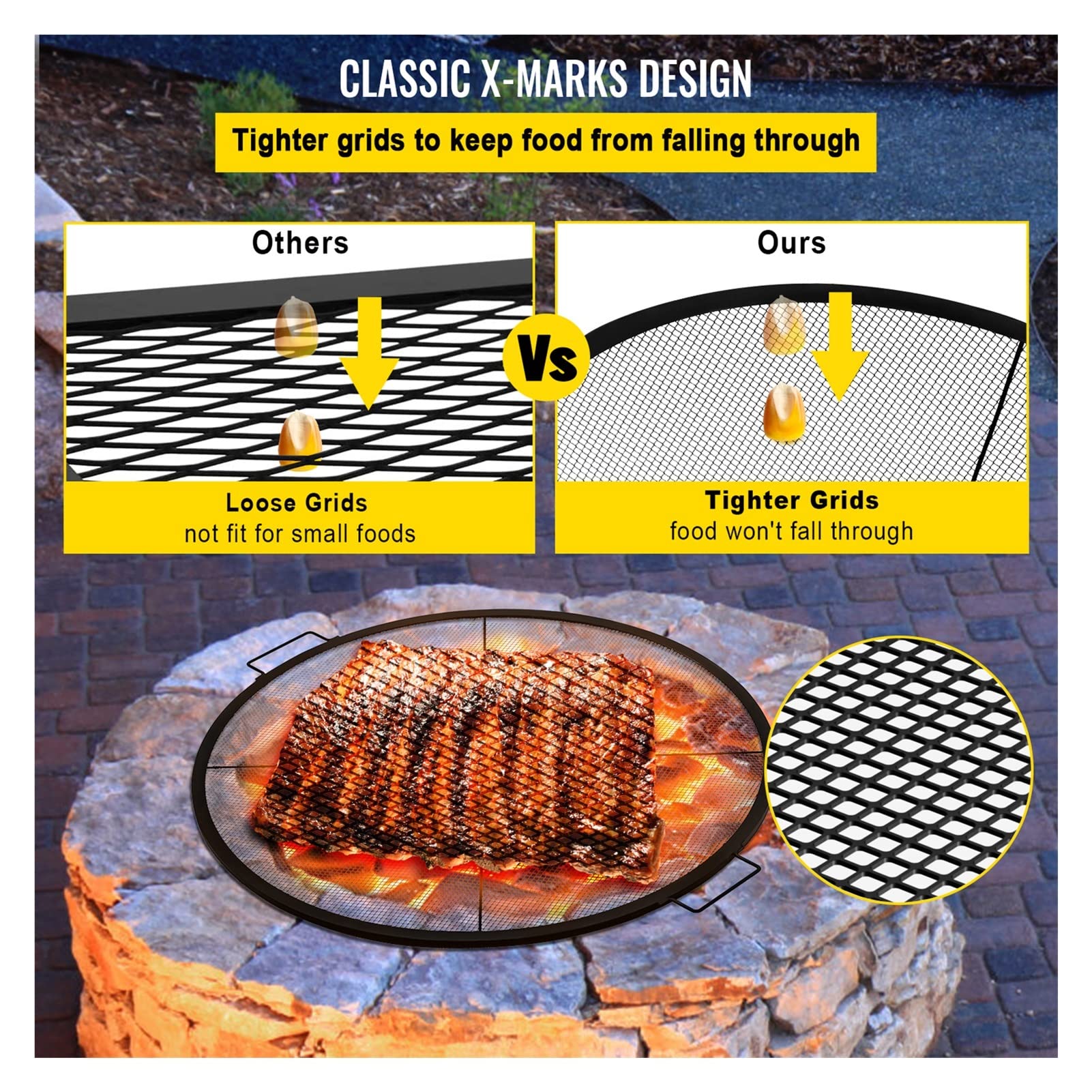 Round Fire Pit Rut, ruszt o średnicy 25 ", okrągłe i czarne stalowe kraty z uchwytami do ogniska Narzędzia do majsterkowania