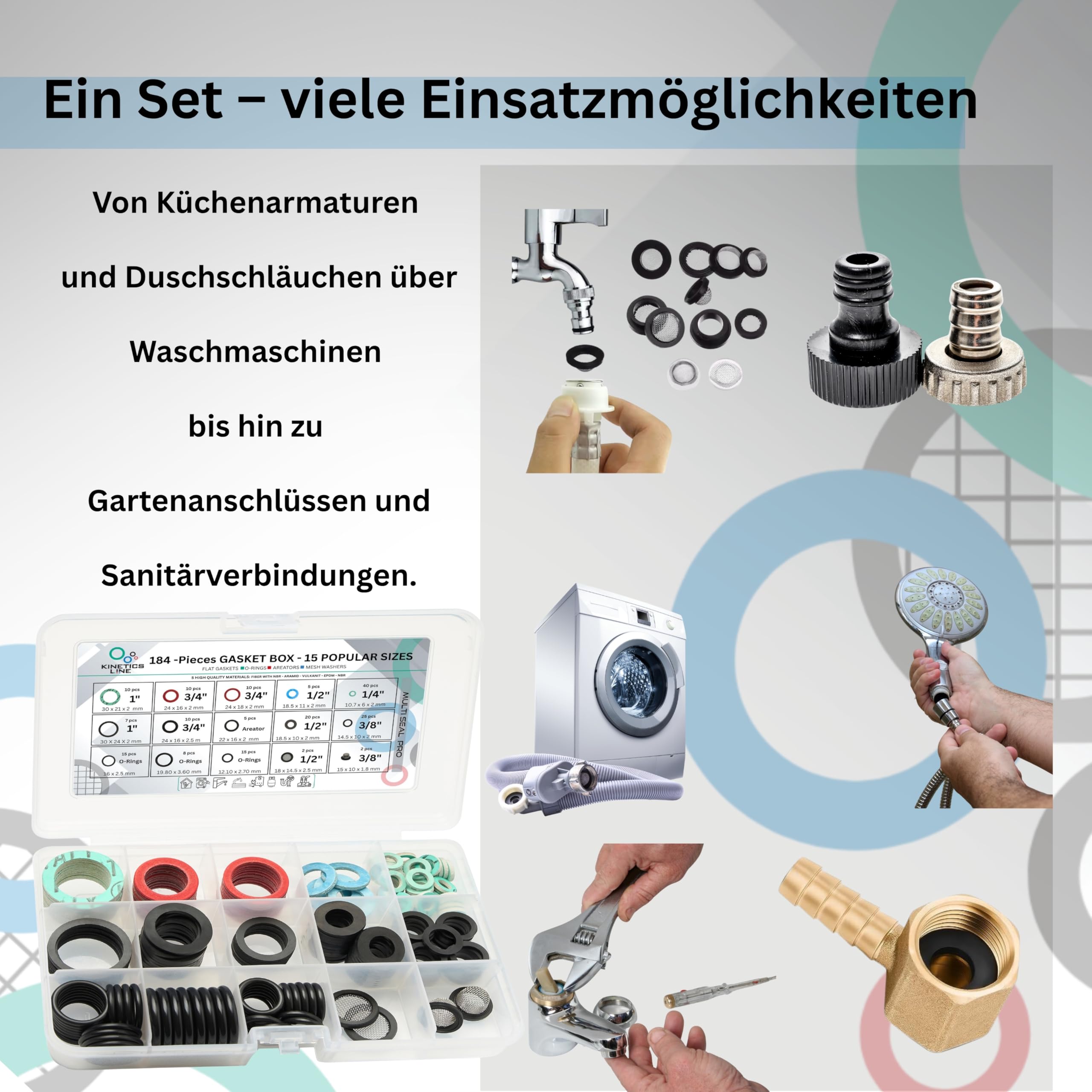 MultiSeal Box – 184-teiliges Dichtungssortiment mit 15 Gängigen Größen für Haushalt, Küche & Bad