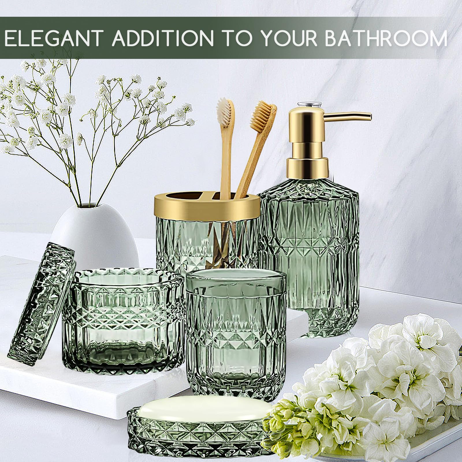 5 Stück Grünes Glas Badezimmer Zubehör Set, Glas Badezimmer Accessoires Set von Lotionspender,Seifenschale,Zahnbürstenhalter,Becher,Wattestäbchen Badezimmer Deko Set für Modernes Bad,Vintage Geschenk