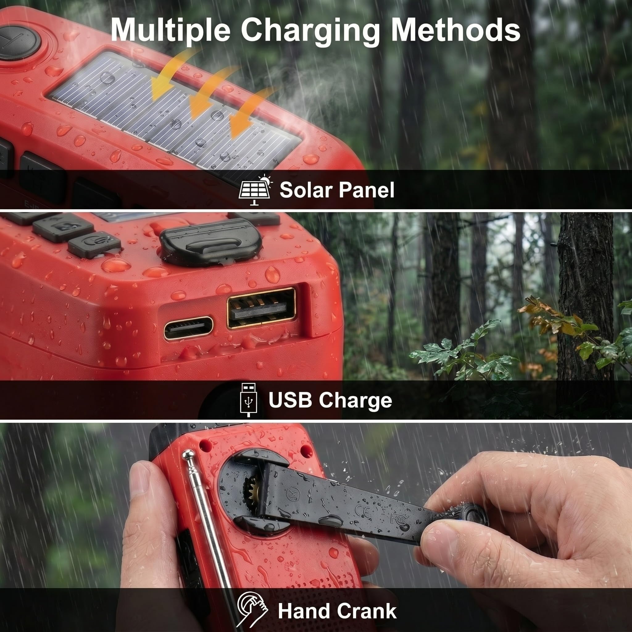 Solarkurbel-Notfallradio mit LCD-Display, 7400mWh Powerbank & 3-in-1 Taschenlampe mit SOS-Alarm, AM/FM Radio, USB/Solar/Handkurbel, Kompakte Überlebensausrüstung für Camping & Haus
