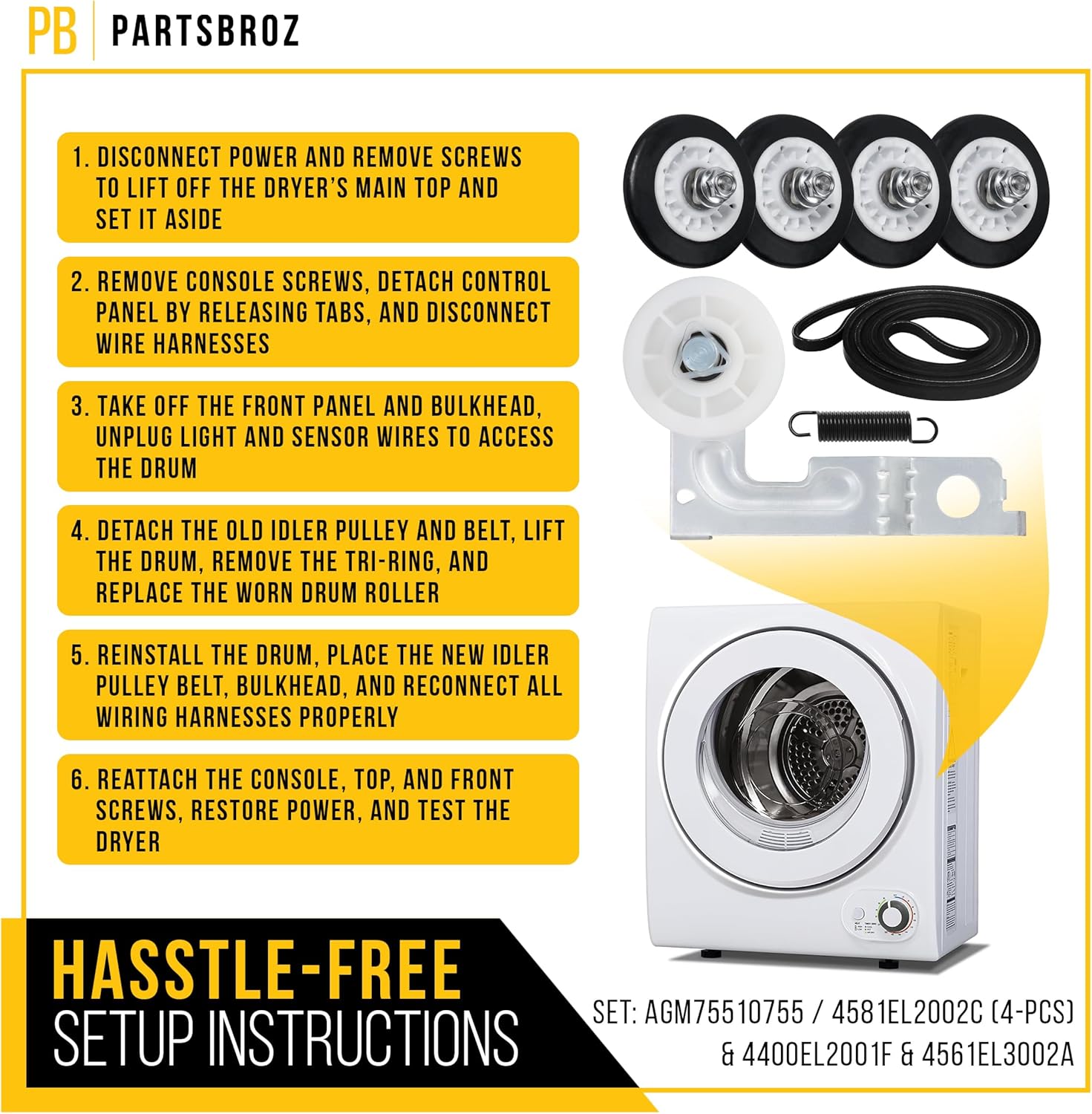 PartsBroz Dryer Roller Kit for LG DLG3051W Dryer Roller Kit Replacement with Idler Pulley & Drum Belt - Repair Kit