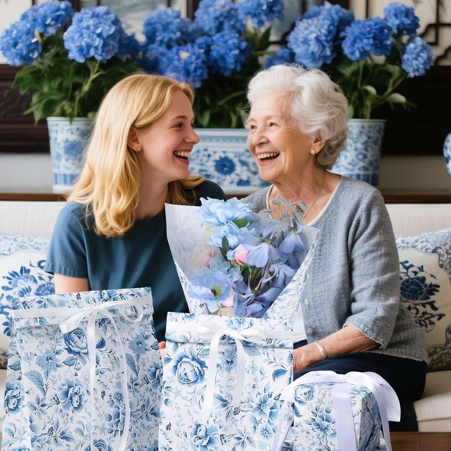 BIOBROWN Floral Wrapping Paper Jumbo Roll - 30 Inch X 33 Feet (82.5 sq. ft. ttl.) Blue White Peony Design Chinoiserie Gift Wrap Stone Paper for Mother's Day, Wedding, Bridal Shower, Valentine's Day