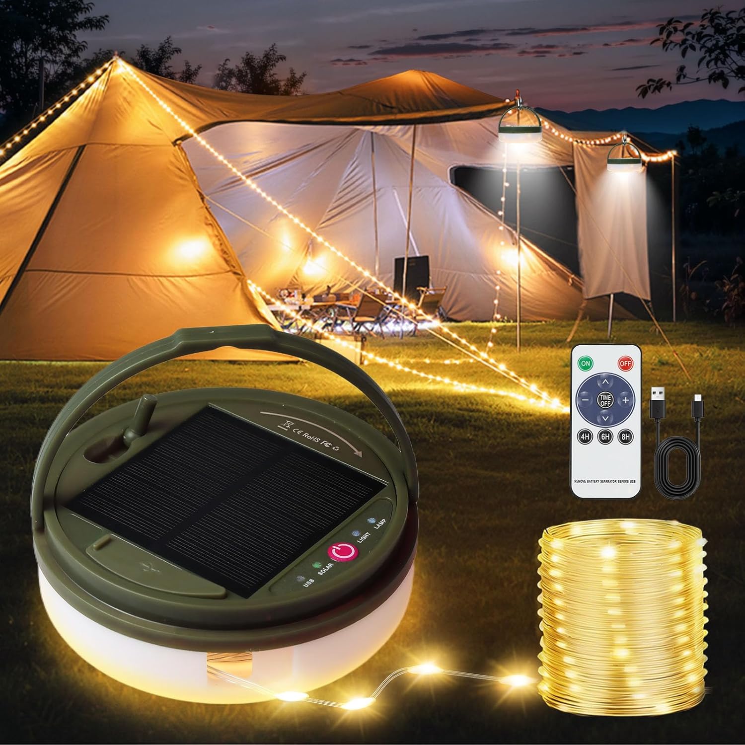 2-Pack Solar Camping String Lights, 39.4FT Portable Waterproof Camping Light with 8 Lighting Modes, Solar Powered and USB Rechargeable Tent Lantern with Remote Control for Camping, Garden and Hiking