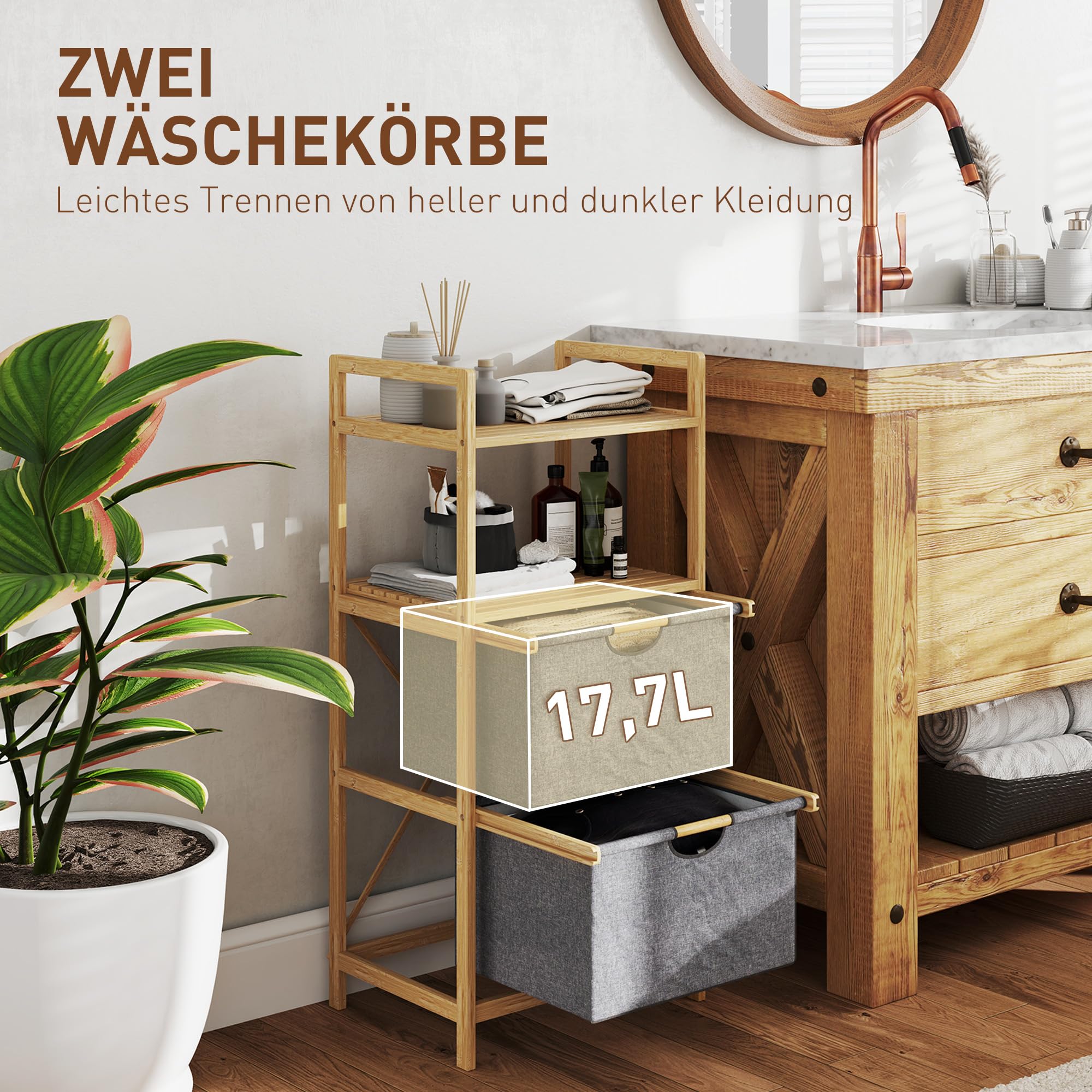 HOMCOM Wäschekorb 35,4 L mit 2 Wäschekörben aus Stoff, mit Griff, Natur | Wäschesammler, Offene Ablagen, Wäschebox, für Badezimmer, Bambus