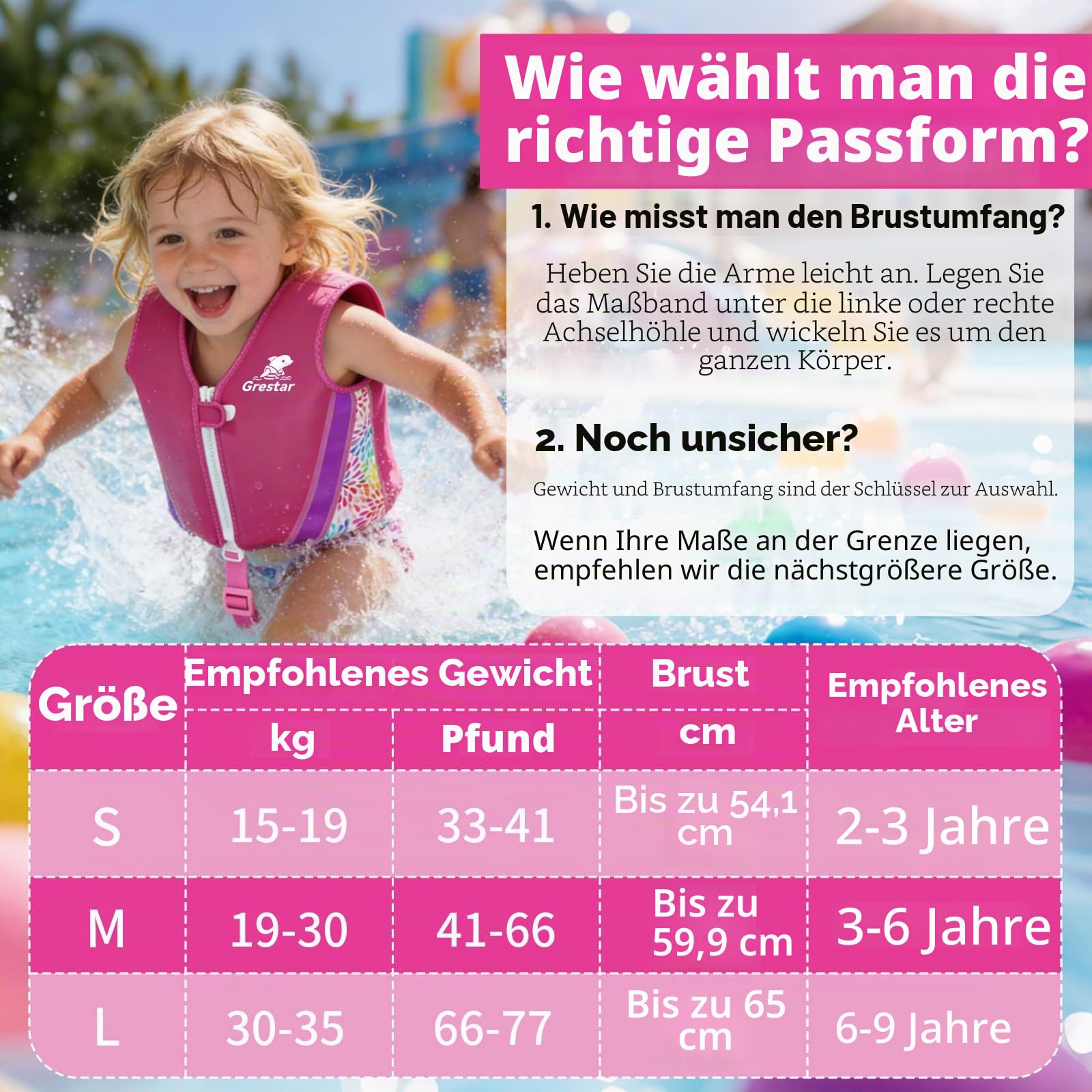 Schwimmweste Kinder, Schwimmhilfe Schwimmen Jacket mit 8 Herausnehmbaren EPE-Blöcken, Verstellbarem Schrittgurt & Sicherheitsverschluss für Jungen und Mädchen 2-6 Jahre/15-30KG