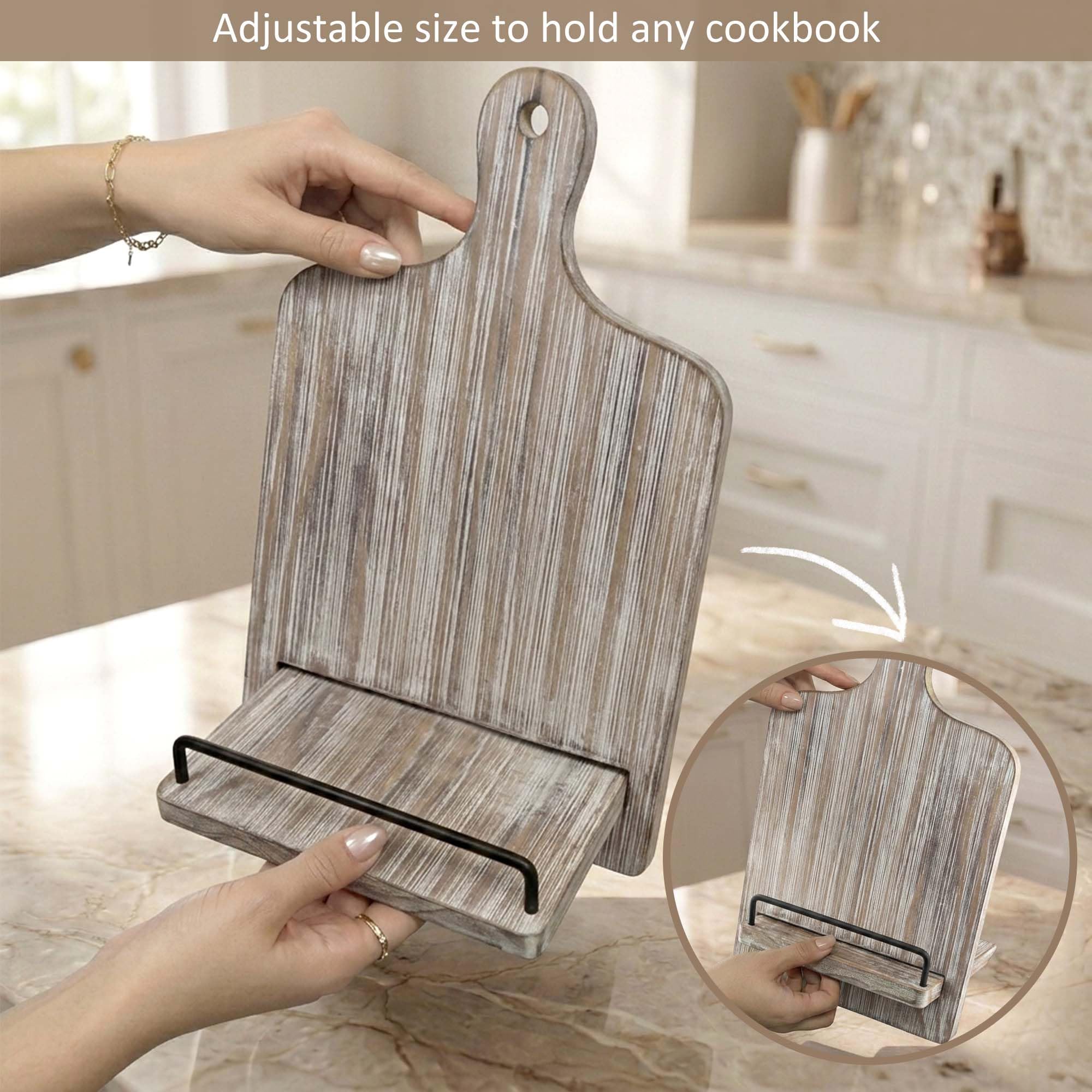Soporte para libros de cocina Soporte para libros de cocina | Soporte para recetas de madera estilo tabla de cortar con soporte extraíble ajustable (gris)