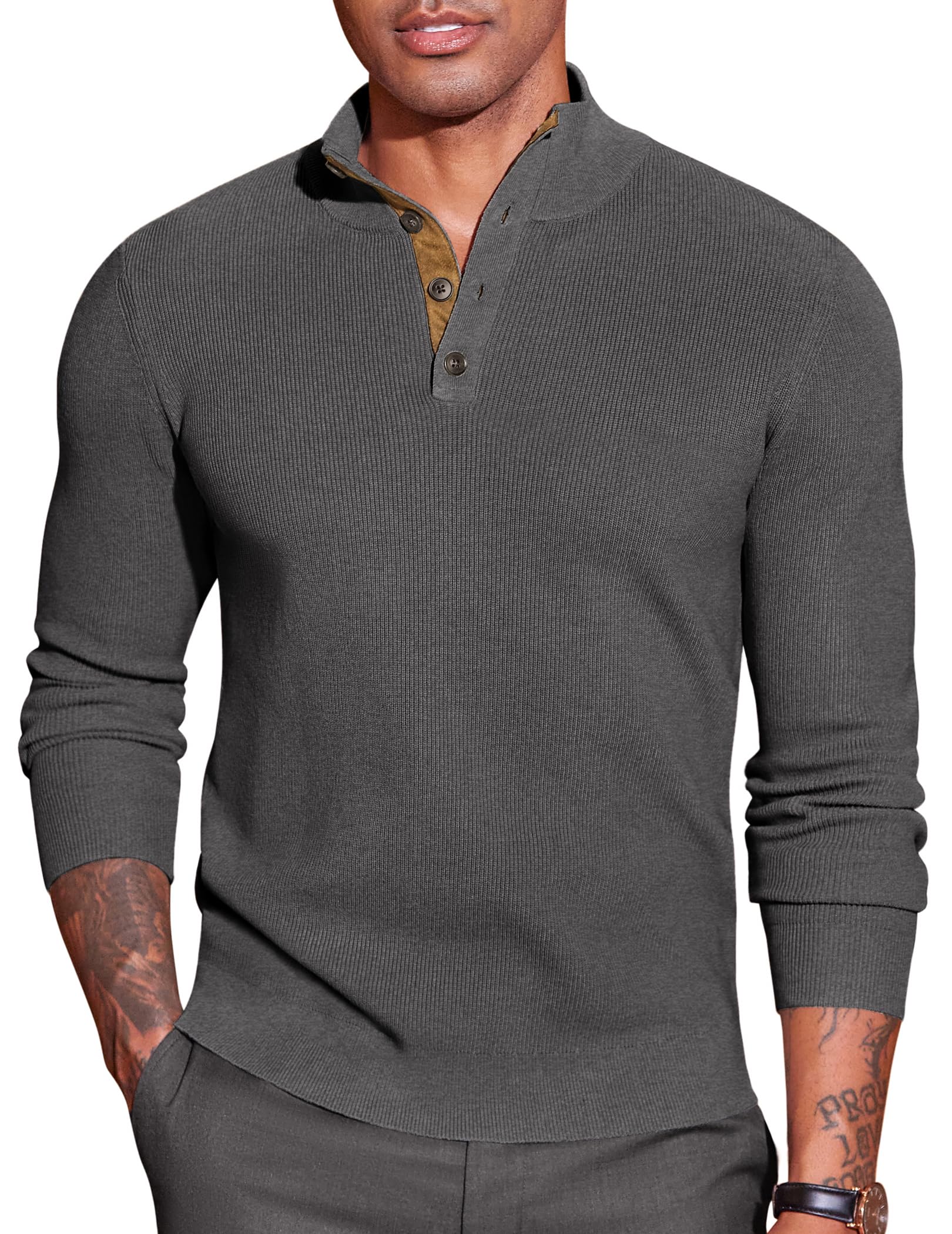 COOFANDY Herren Pullover Half Neck Stehkragen Retro Strickpullover mit 1/4 Knöpfe Wildleder Pulli Winterpullover Sweater