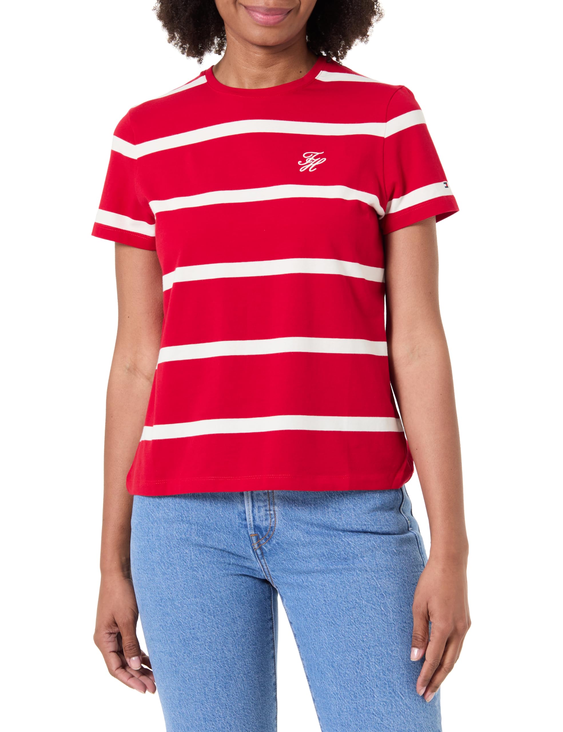 Tommy Hilfiger Damen Th Script Reg C-Nk Ss Tee Ww0Ww47809 S/S T-Shirt, RED (Primary Red/Calico STP), XXL