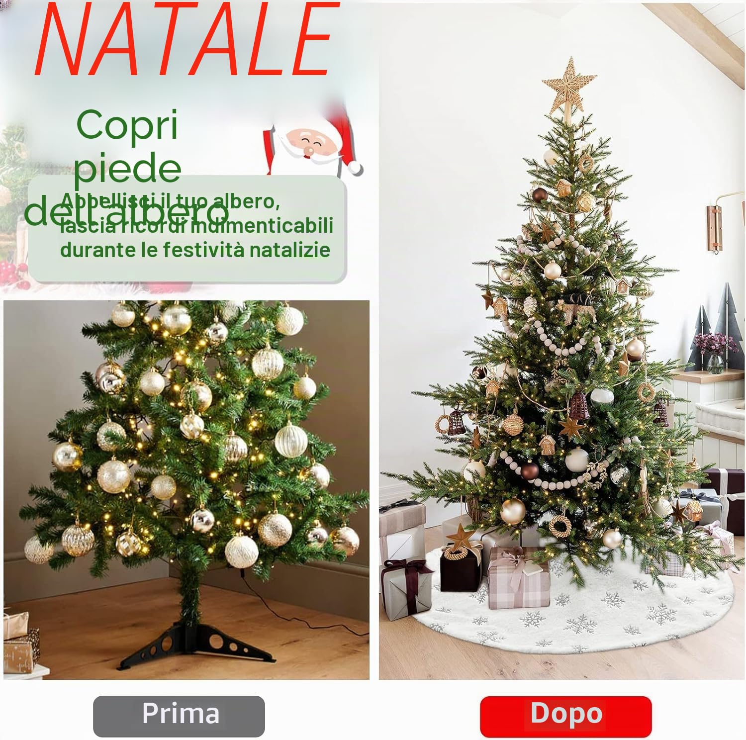 Gonna per albero di Natale, morbida gonna in peluche bianco, diametro 90 cm, fiocchi di neve argentati, decorazione per feste di Natale e Capodanno (spessore extra)