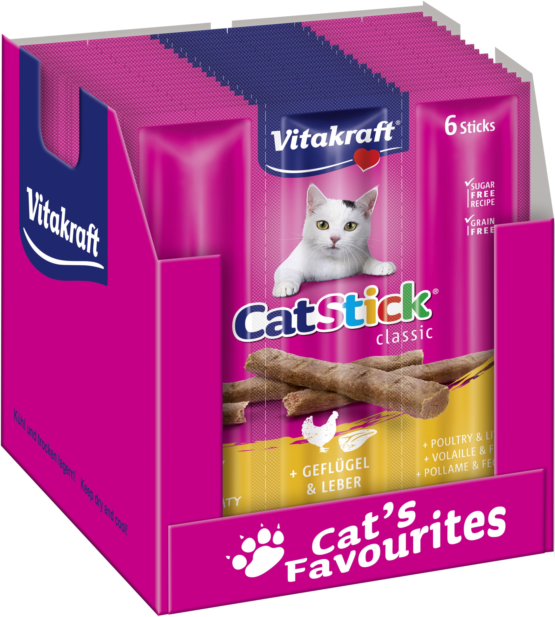 Vitakraft Cat Stick Classic, snacks para gatos, mini palitos carnosos con ave e hígado, barritas premio para gatos, sin azúcares añadidos ni cereales, en formato de pack (10 x 6 palitos de 6g)