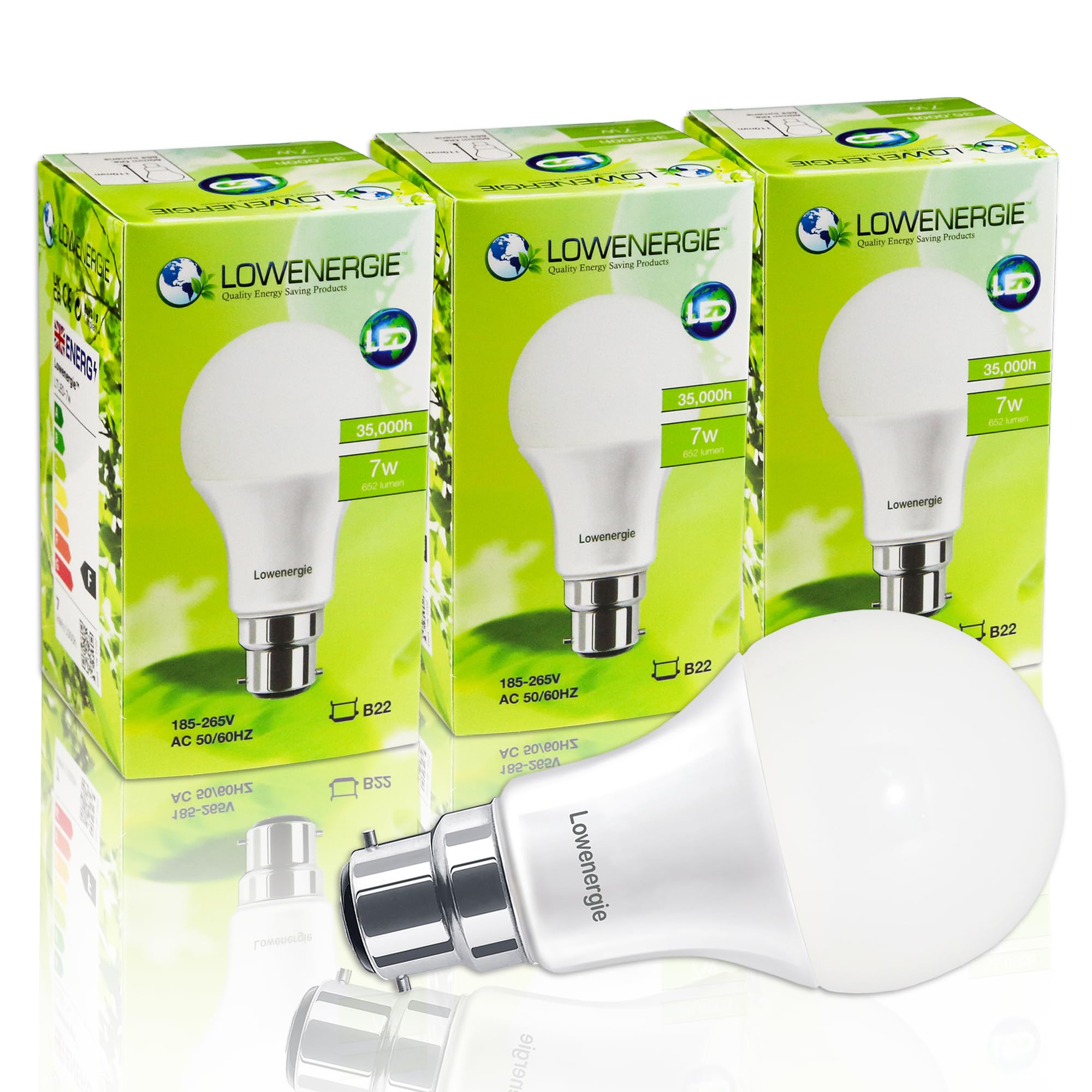 LOWENERGIE LED Light Bulbs 7W B22 Bayonet Day White 6000K A60 GLS Lamps – Pack of 3, 60W Equivalent Energy-Saving Everyday Lighting [Energy Class F]