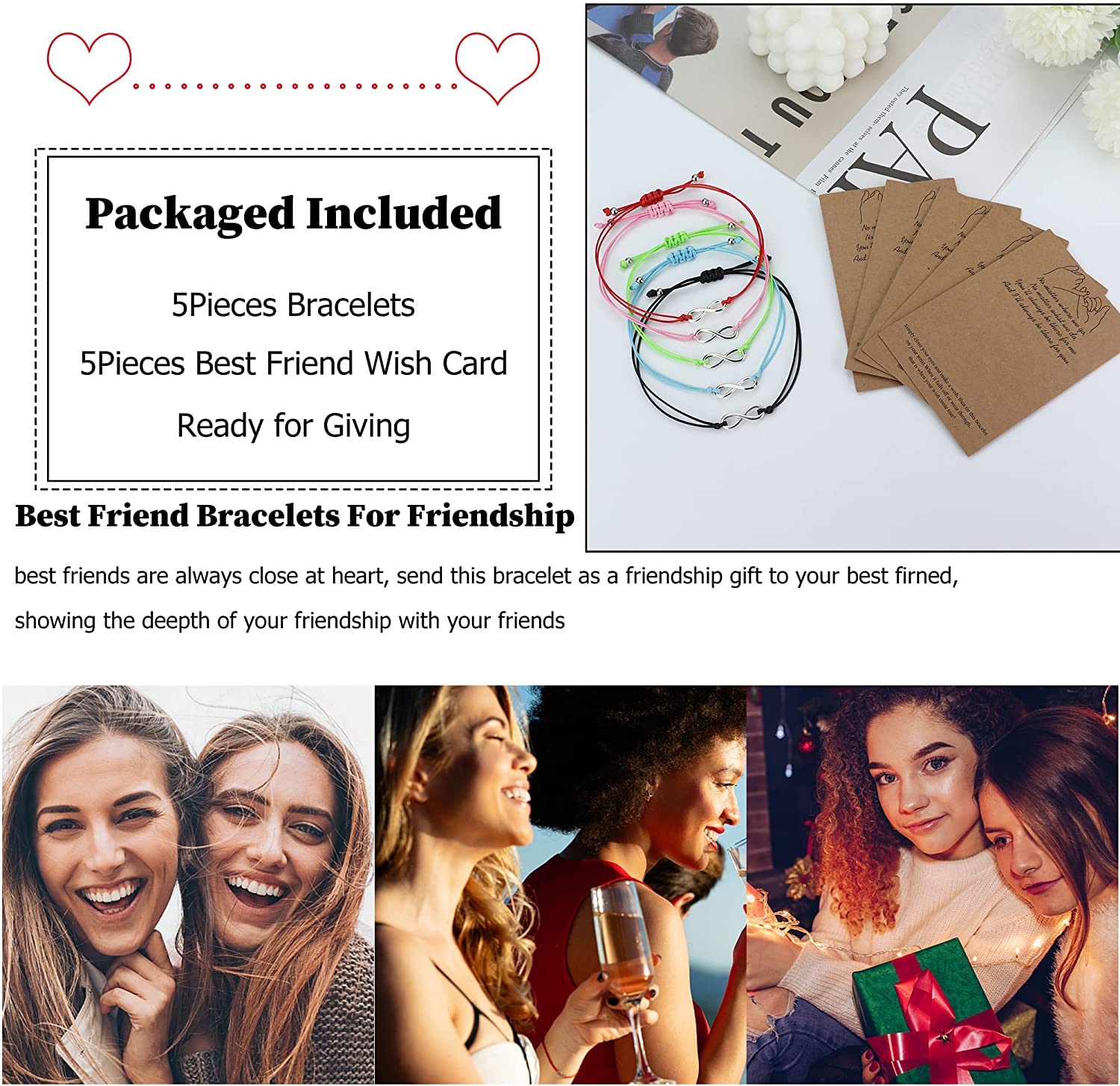 YCTTKDD 5 Pulseras de Amigos para Mujeres y Hombres, corazón Infinito, Sol, Luna, Pulseras de Puntos para relaciones de Amistad