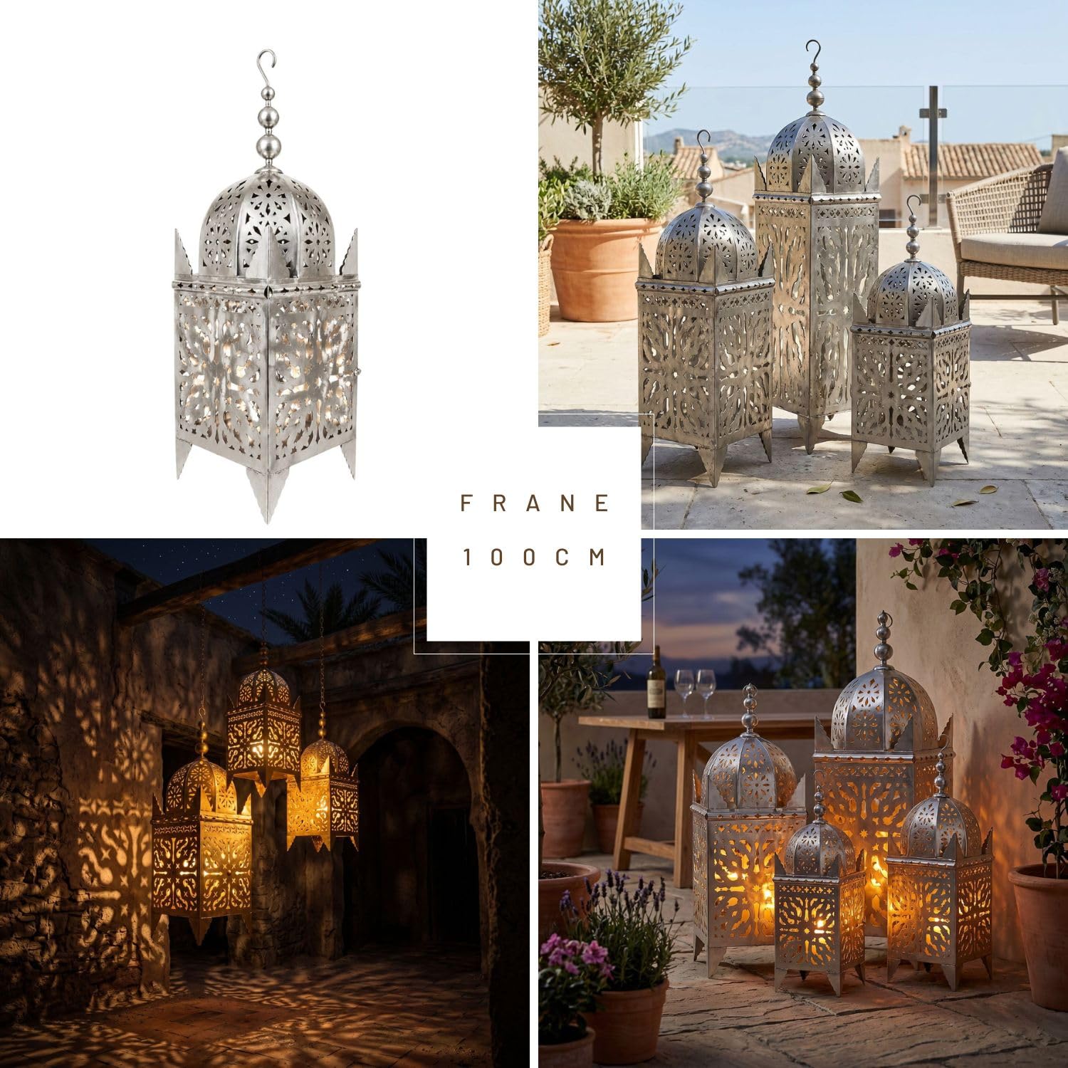 Marokańska latarnia Frane, srebrna, 100 cm, ręcznie wykonana latarnia orientalna z metalu, latarnia ogrodowa i lampion do świec, dekoracja do salonu, na taras, balkon i wejście