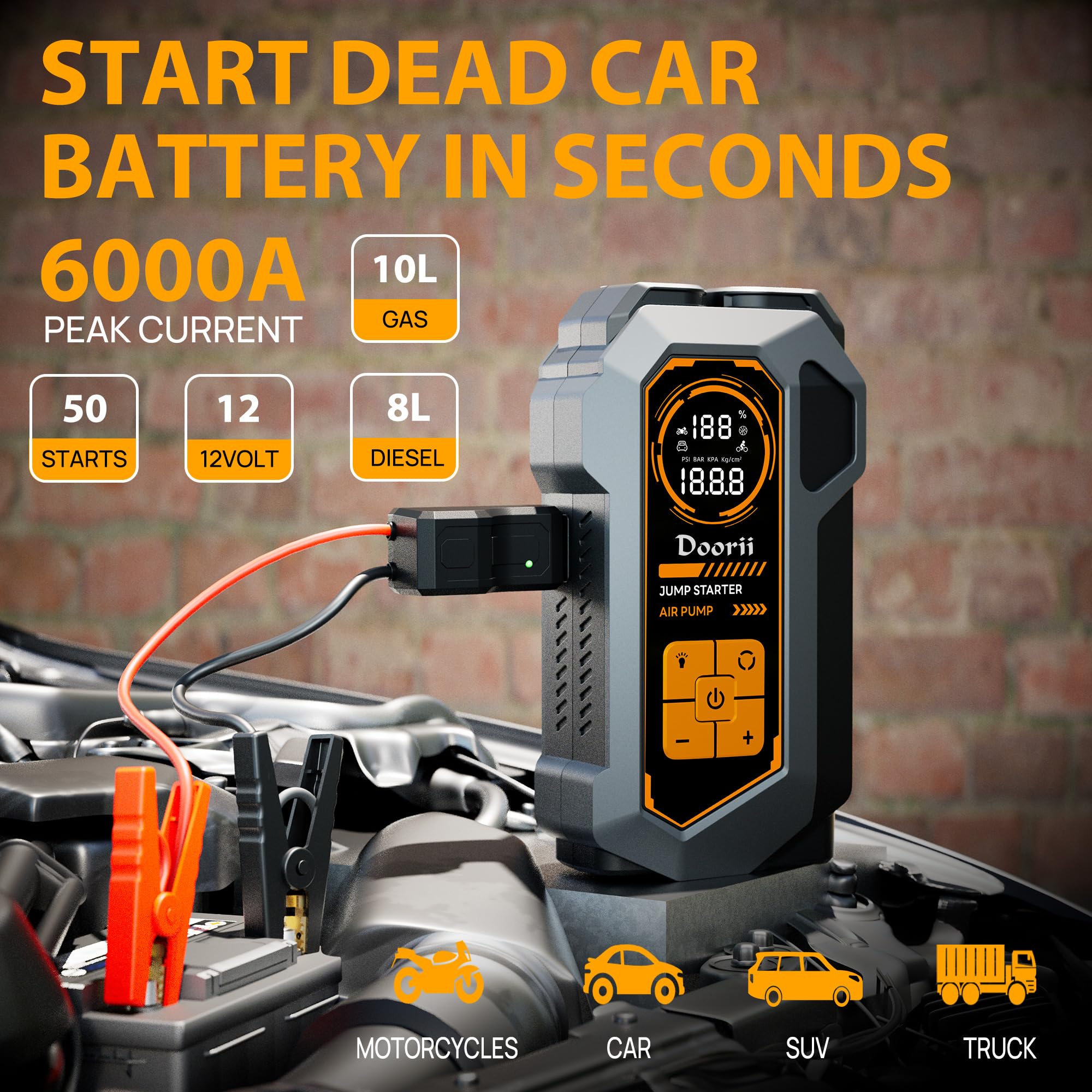 Jump Starter with Air Compressor, Car Jumper Starter Portable 6000A, 150PSI Tire Inflator/Air Pump, LED Flashlight for Up to 10.0L Gas / 8.0L Diesel Engines - 2