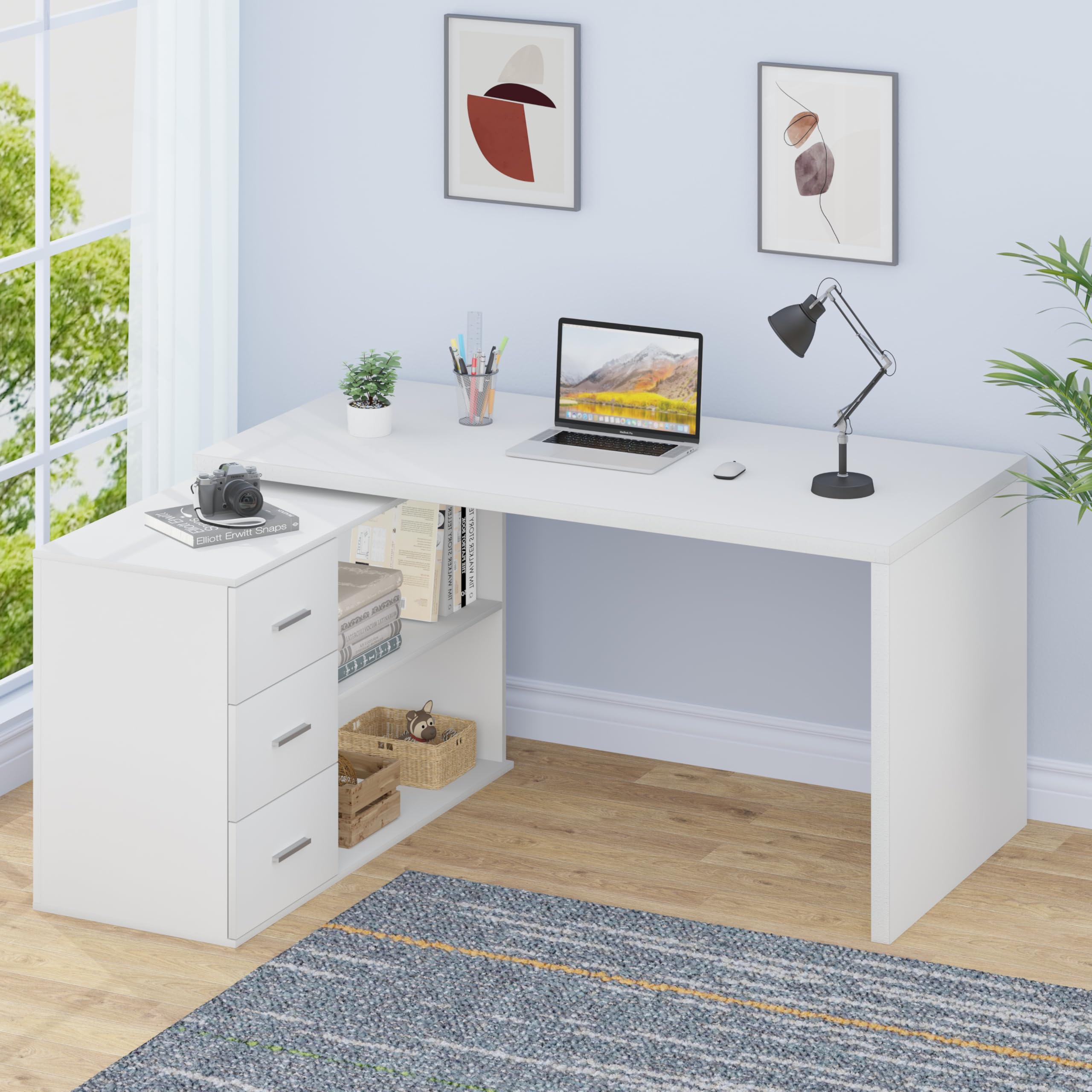 HSH 140cm Schreibtisch Weiß L Form Modern Umkehrbarer Eckschreibtisch | Bürotisch mit Stauraum für Homeoffice Computertisch mit 3 Schubladen und 2 Regalen für Büro