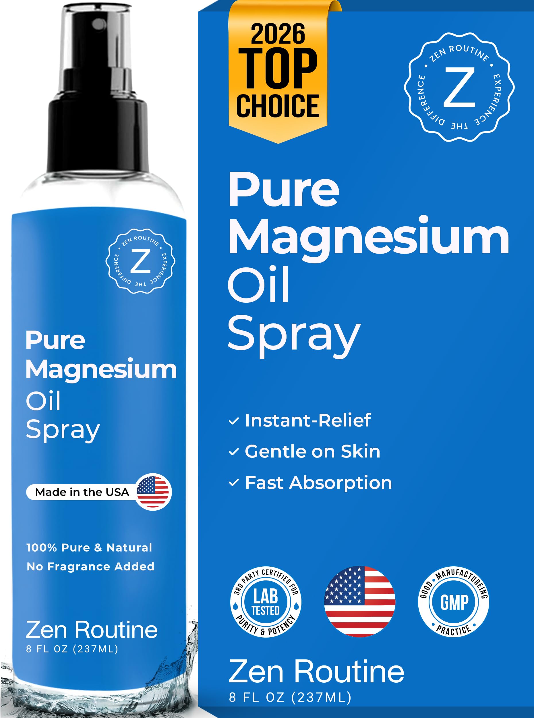Pure Magnesium Oil Spray for Leg Cramps, Sleep, Body & Feet – Premium Zechstein USP Grade Topical Magnesium Chloride – Extra Strength, Less Sting – 100% Organic & Natural – 8oz — Made in USA 8 Fl oz 1-Pack