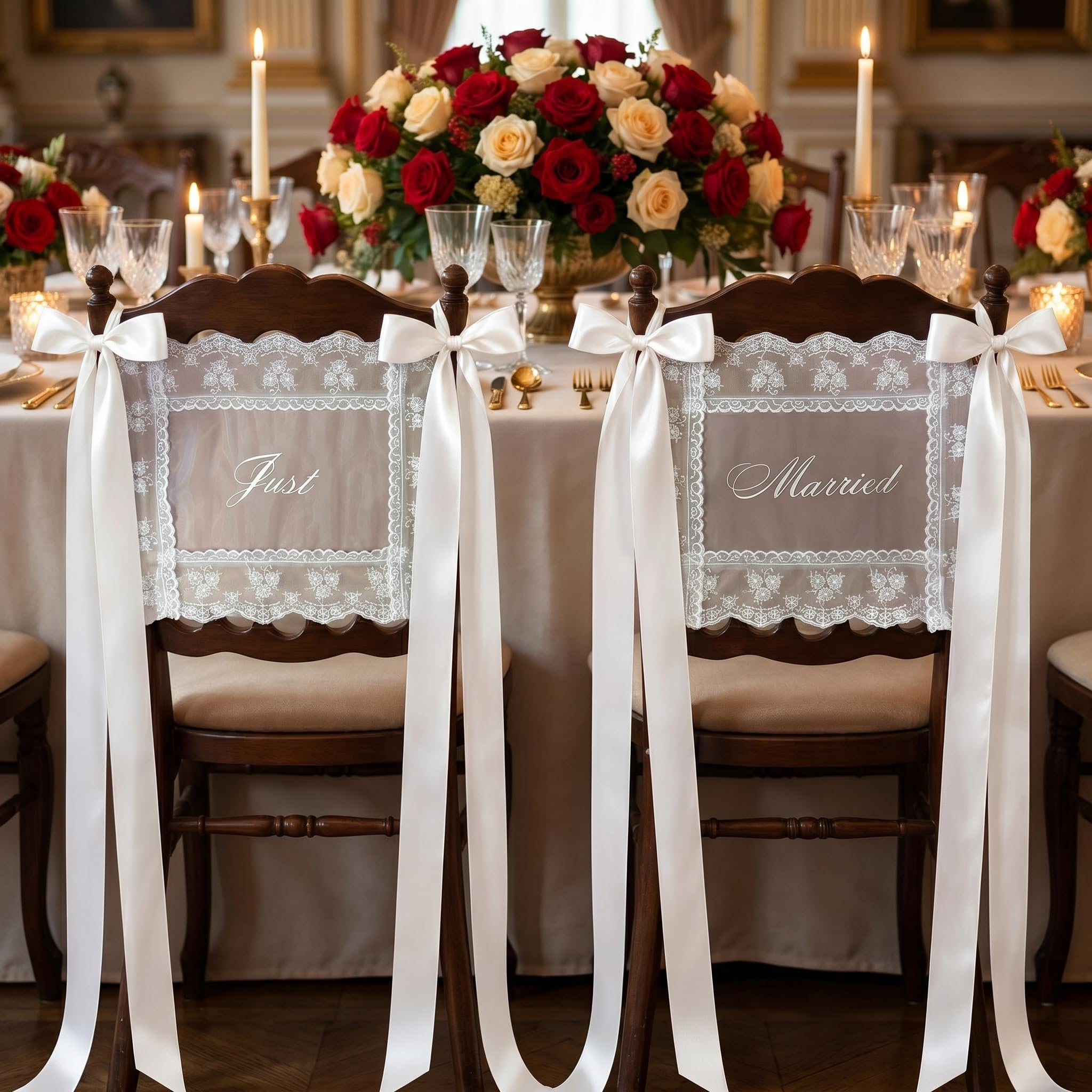2 Pcs Just Married Lace Signs Wedding Chair Decorations with Satin Ribbons, Bride and Groom Chair Back Banners for Sweetheart Table, Wedding Ceremony Reception Decor (Just Married)