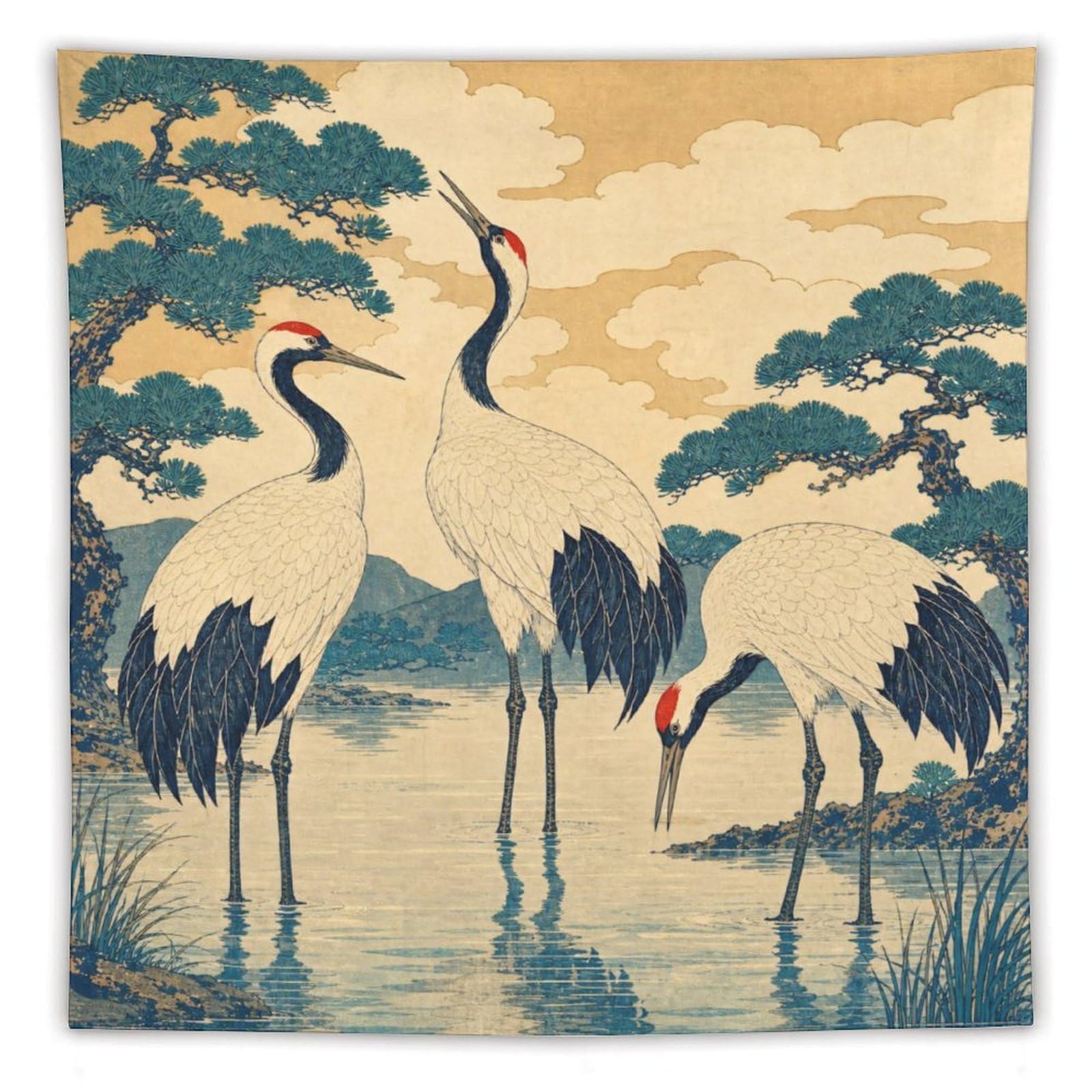 H3B8U2Y5 Cranes in Water Wall Tapestry, Ukiyo-e Style, Sofa Area