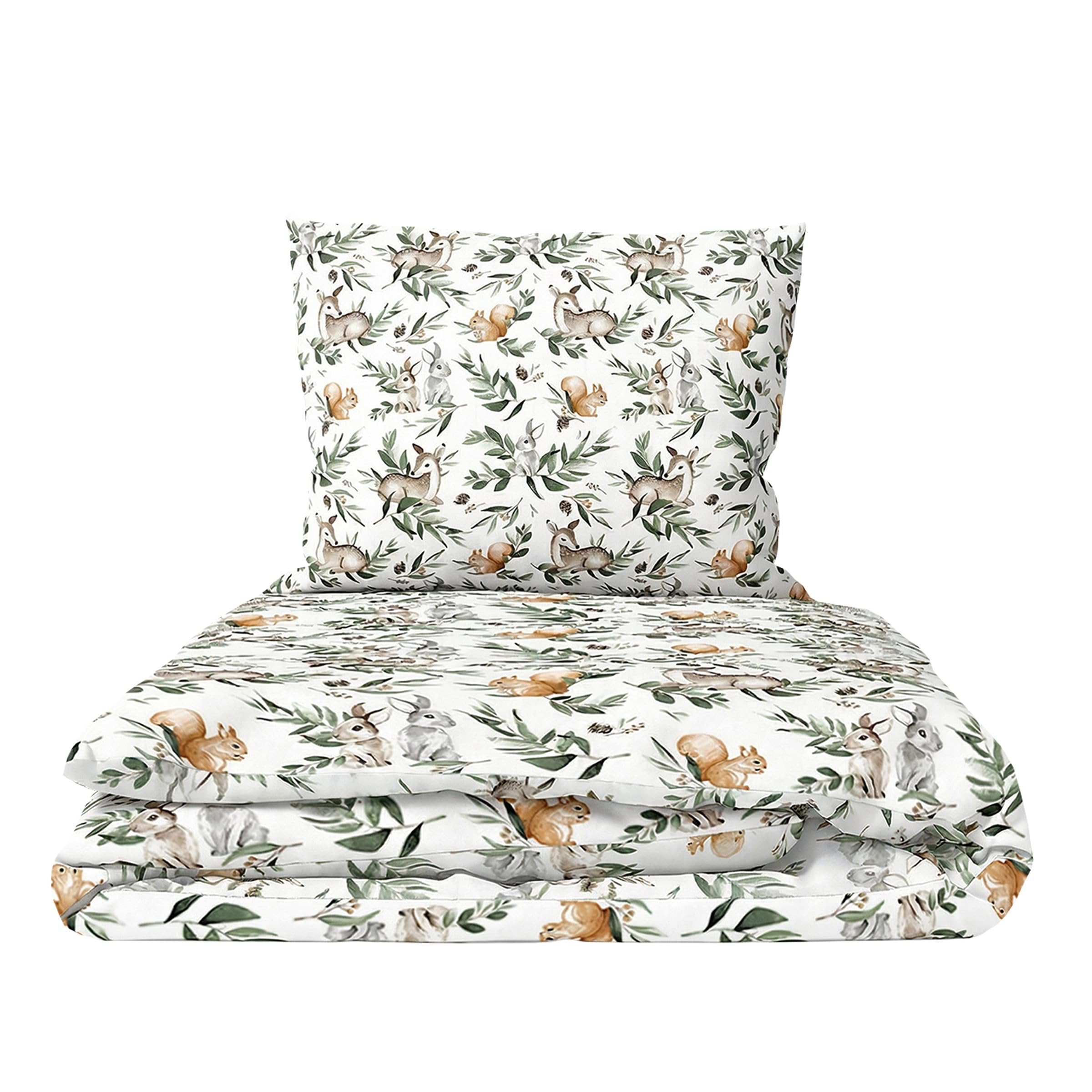 Baby Comfort 2-Piece Toddler Duvet & Pillow Set - 100x75 cm - 100% Cotton Breathable Fabric - Machine Washable Quilted Bedding for Cot Bed 12M+ (Forest)