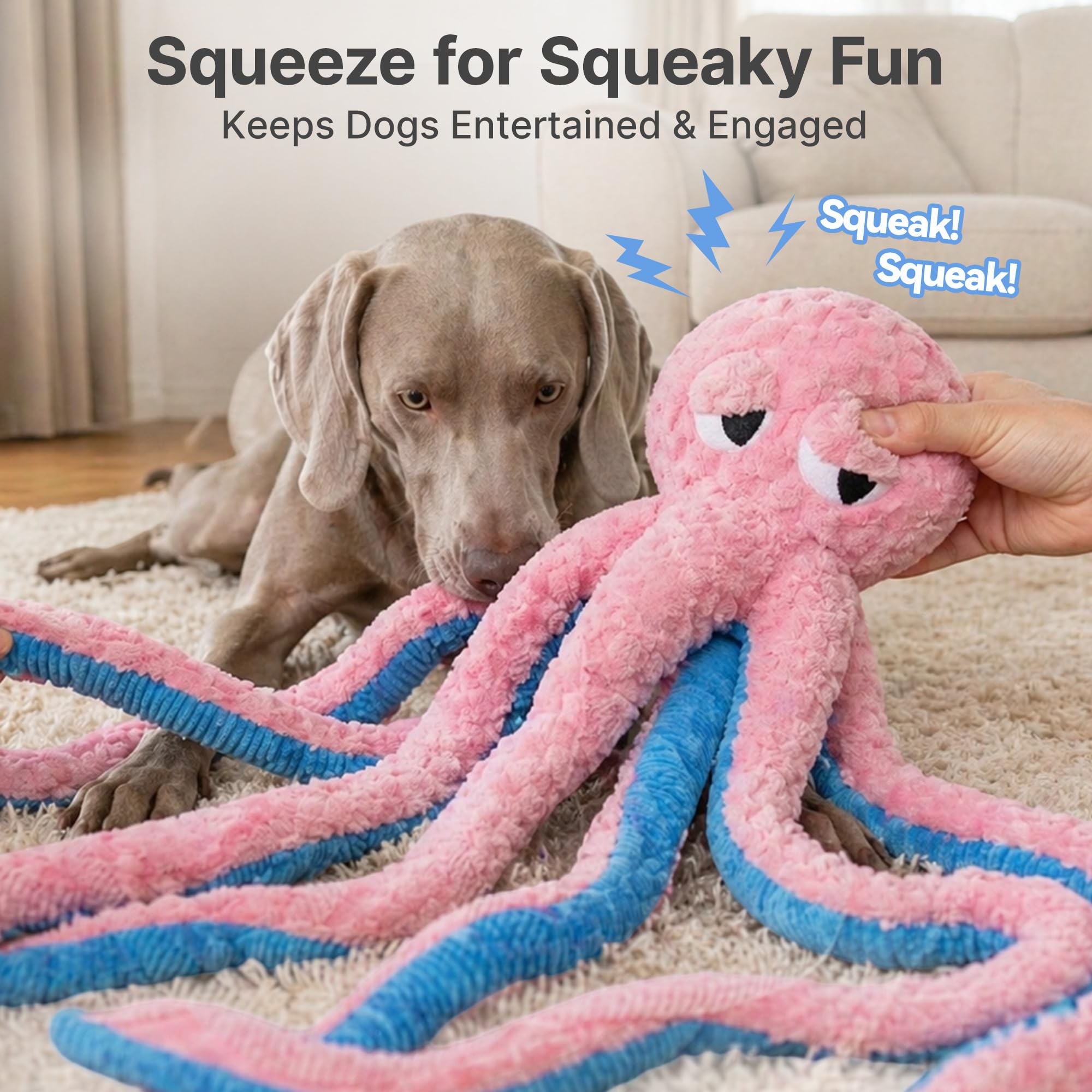 Potaroma Juguete de pulpo largo para perro, juguete de peluche chirriante extra largo de 3.2 pies, juguete interactivo duradero para masticar para el aburrimiento (rosa)