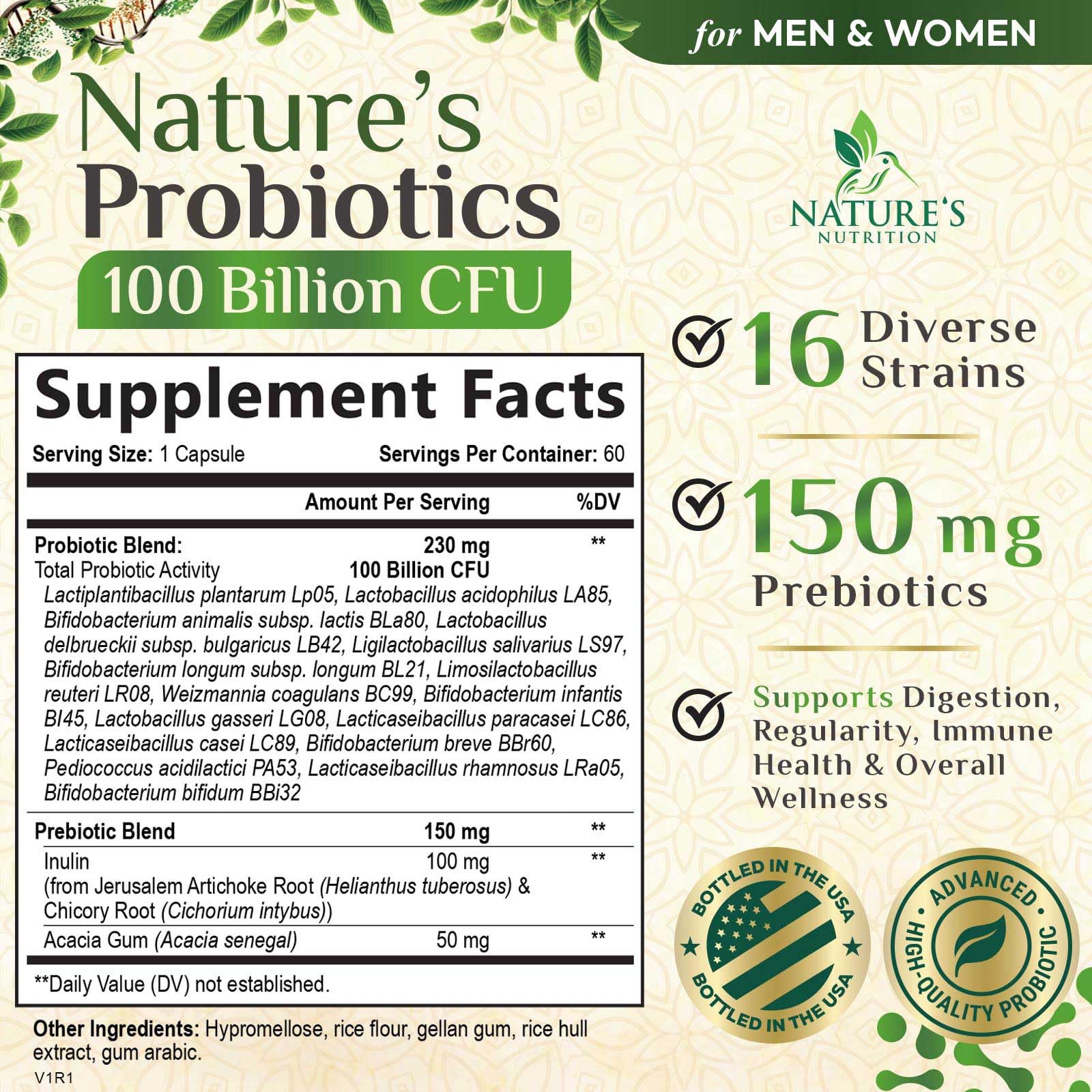 Probiotics 100 Billion CFU Capsules - Prebiotics, Acidophilus Probiotics Supports Immune System Digestive Health, Supports Occasional Constipation & Bloating, Daily Supplement for Women - 60 Capsules