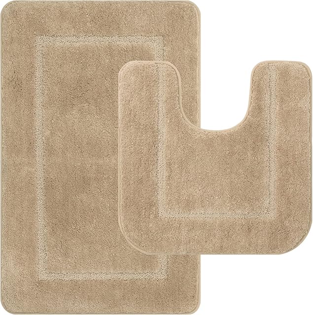 Pauwer Microfiber Soft Bath Mat Set 2 Piece Absorbent Bathroom Toilet Rug Non Slip Machine Washable Bath and Pedestal Mat Sets (Beige, 53 x 86 cm+50 x 50 cm)