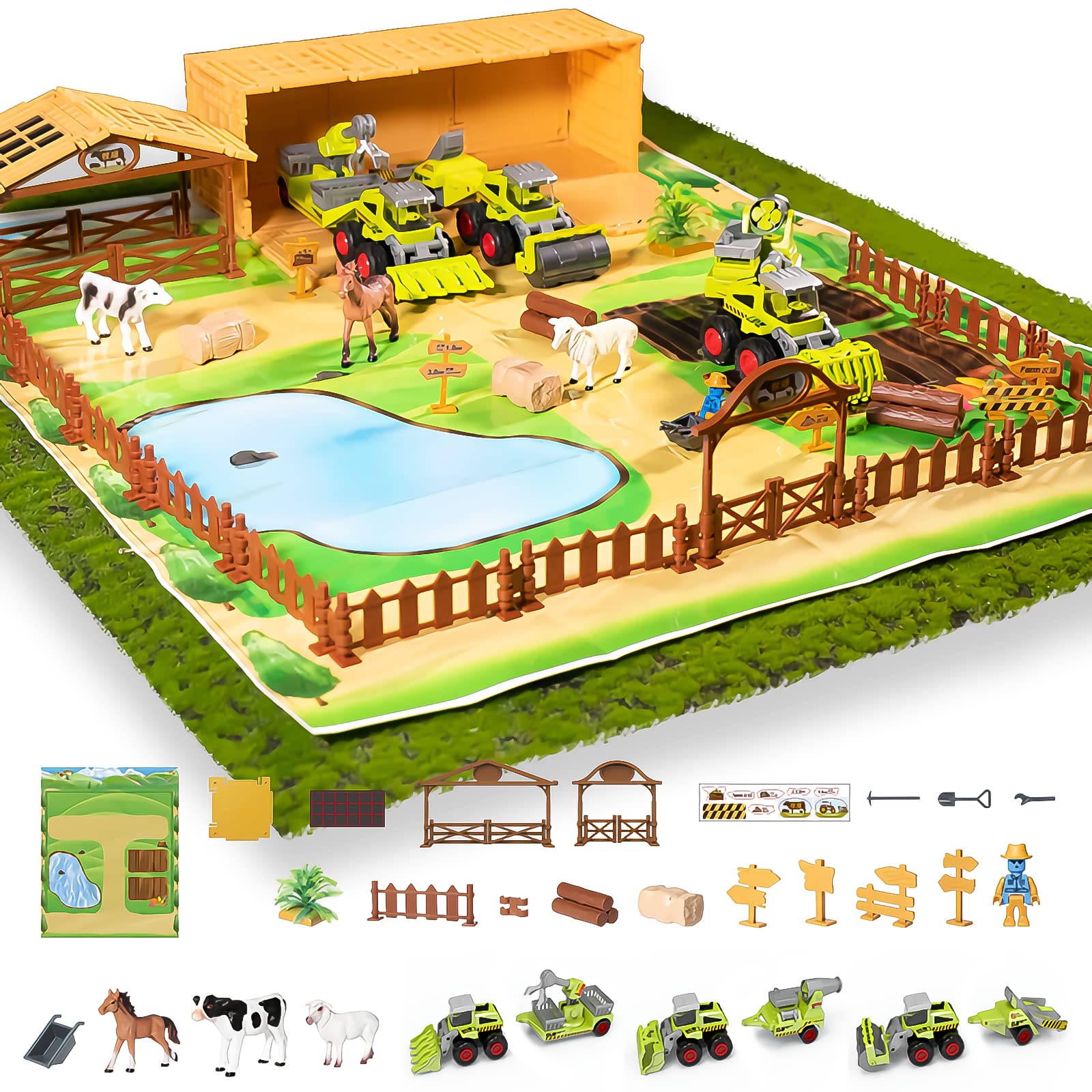 Farm Animal House Toys Playset, Take Apart Vehicle Toys and Farm Playset  with Large Activity Play Mat, Farm Animal Figures and Car Sets for Kids
