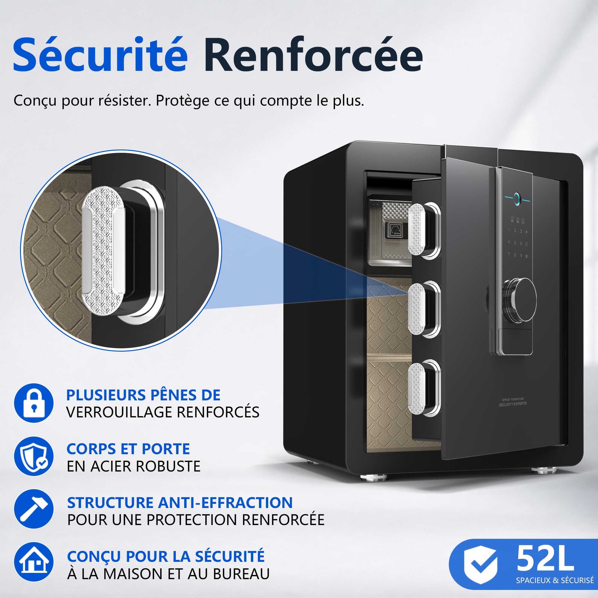 22KG Lourd Coffre Fort en Acier, 52L Coffre-fort Électronique avec Empreinte, Digitale Code et Clé, pour Maison et Bureau, Idéal pour Bijoux, Argent et Documents A4, Notice en Français (Noir,52L)