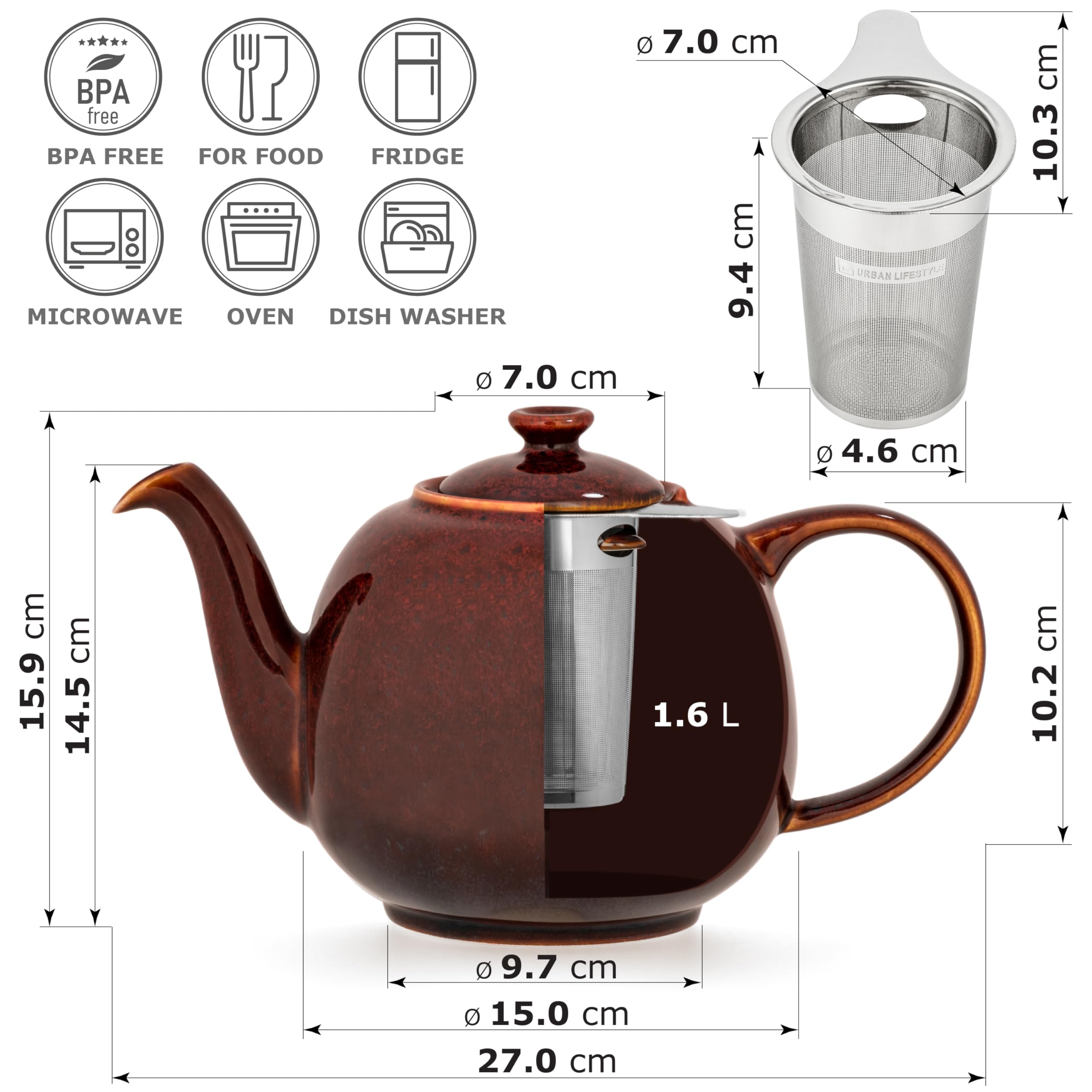 Théière avec infuseur Swansea Corail Rouge 1,6 L avec filtre, en porcelaine de URBAN LIFESTYLE, théière sans goutte. Théière avec infuseur en porcelaine.