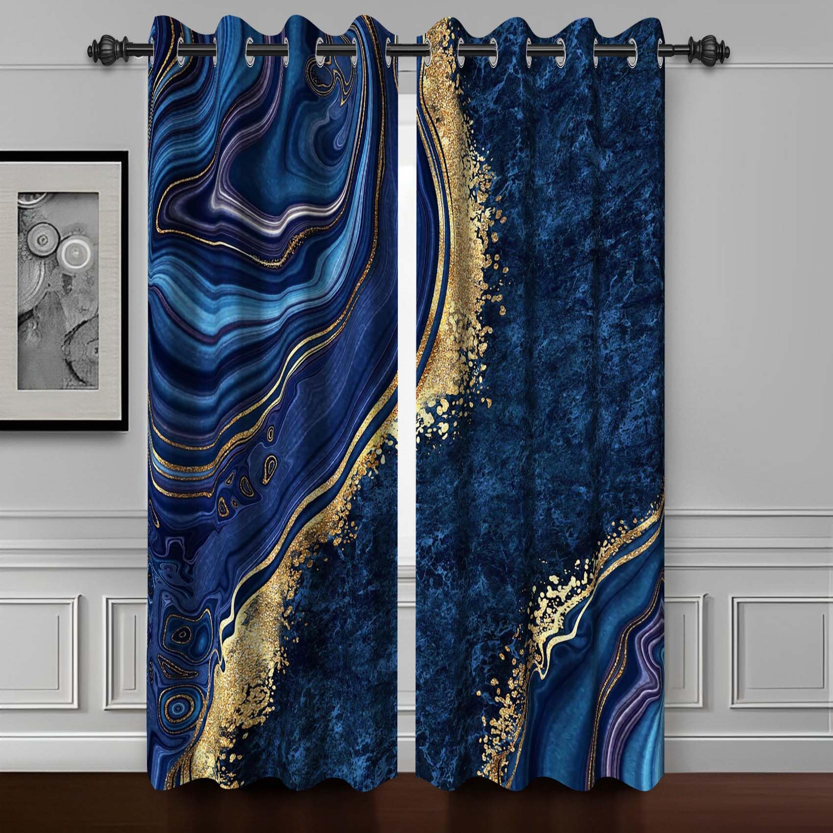 Baocicco Navy Blue Gold Marble Blackout Window Curtains for Bedroom Art Liquid Golden Texture Marble Drapes for Living Room Blue Wavy Luxury Gold