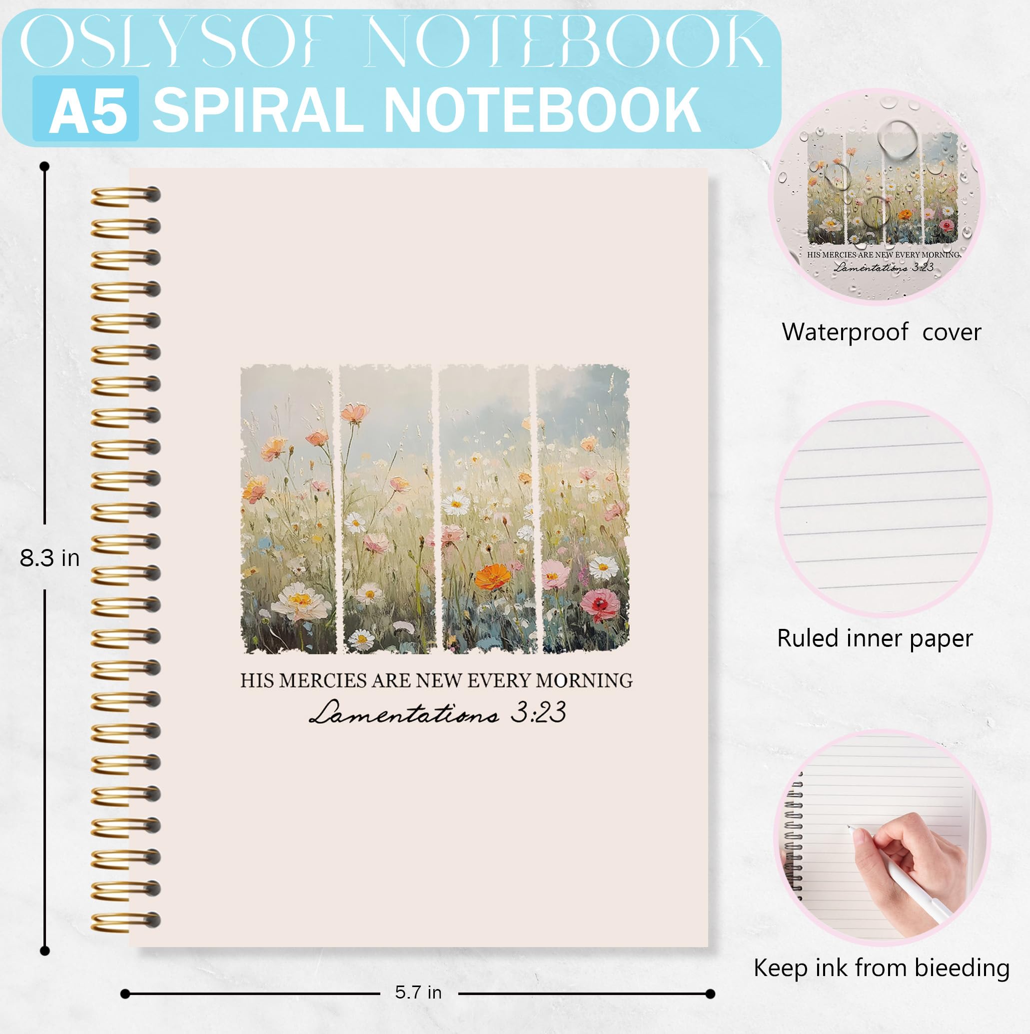 Notatnik spiralny Christian Wildflower, 'His Mercies are New Every Morning Bible Journaling Notebook, zeszyty biblijne do robienia notatek, dziennik z Pismem Świętym, 14 x 21 cm z 164 stronami