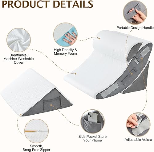 Miniatura 3 de Almohada de cuña de cama, 4 piezas, ajustable, de espuma viscoelástica, triangular, para después de la cirugía, cuña de almohada para la apnea del