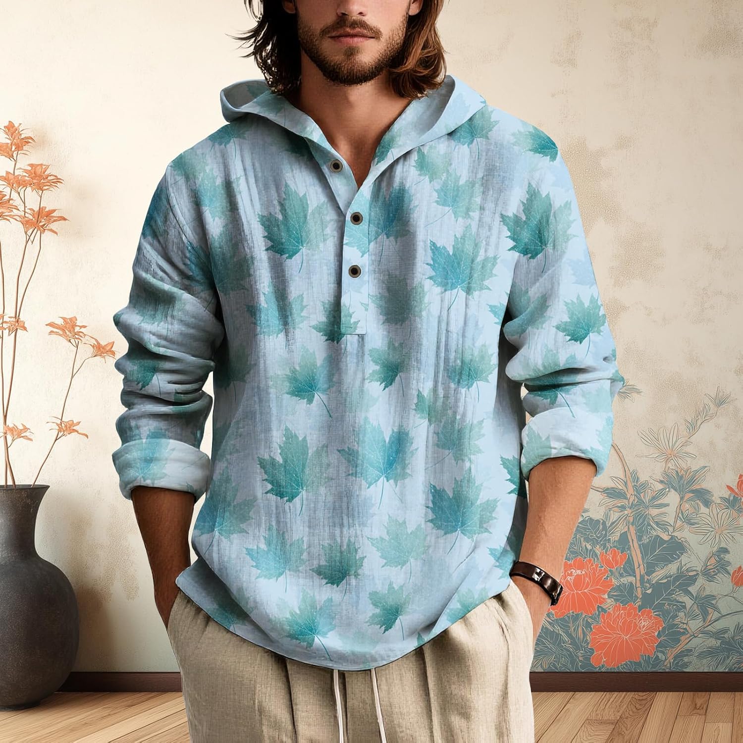 Mens Long Sleeve Hooded Shirt Botanical Print Lightweight Casual Pullover Button Neck Roll Up Sleeves Beach Wear - Image 5