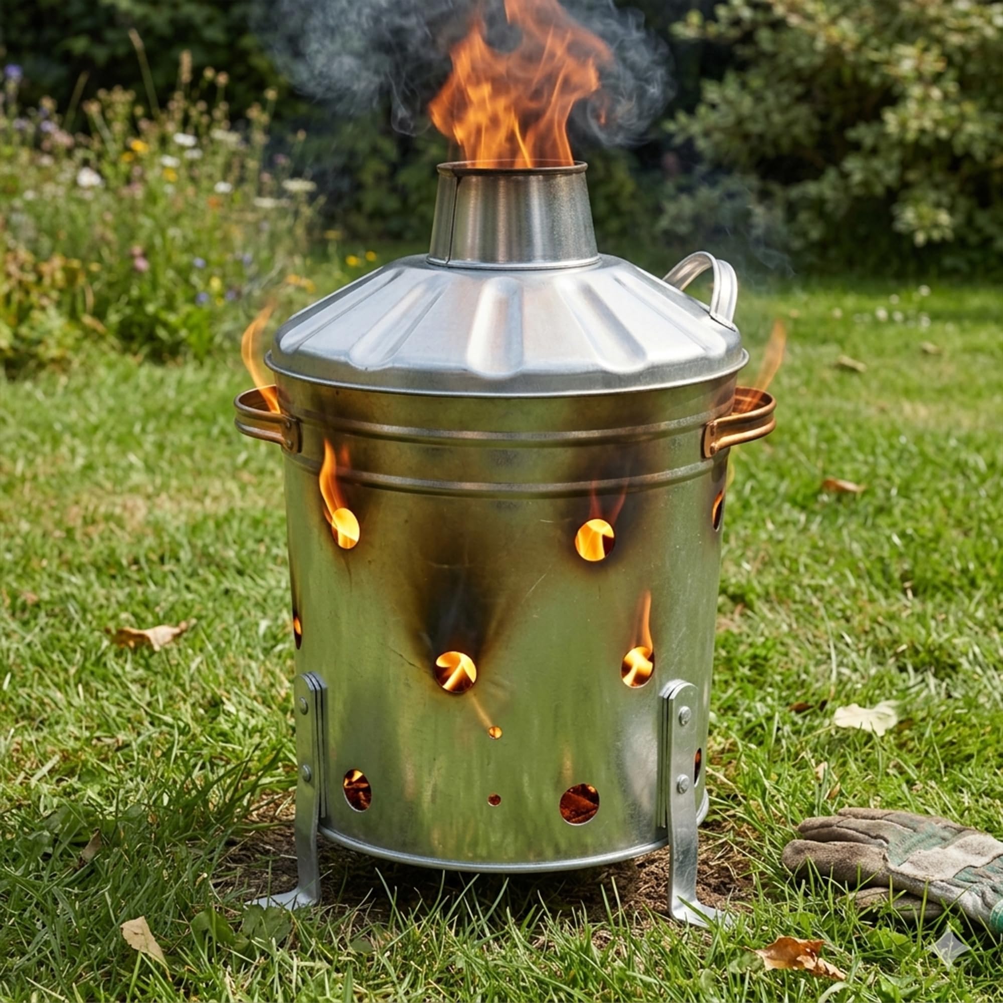 Galvanised Incinerator Bin Fire Bin Burning Bin Designed for Garden Woods Leave Heavy Duty with Lid and Stable legs stands (15L) — view 6