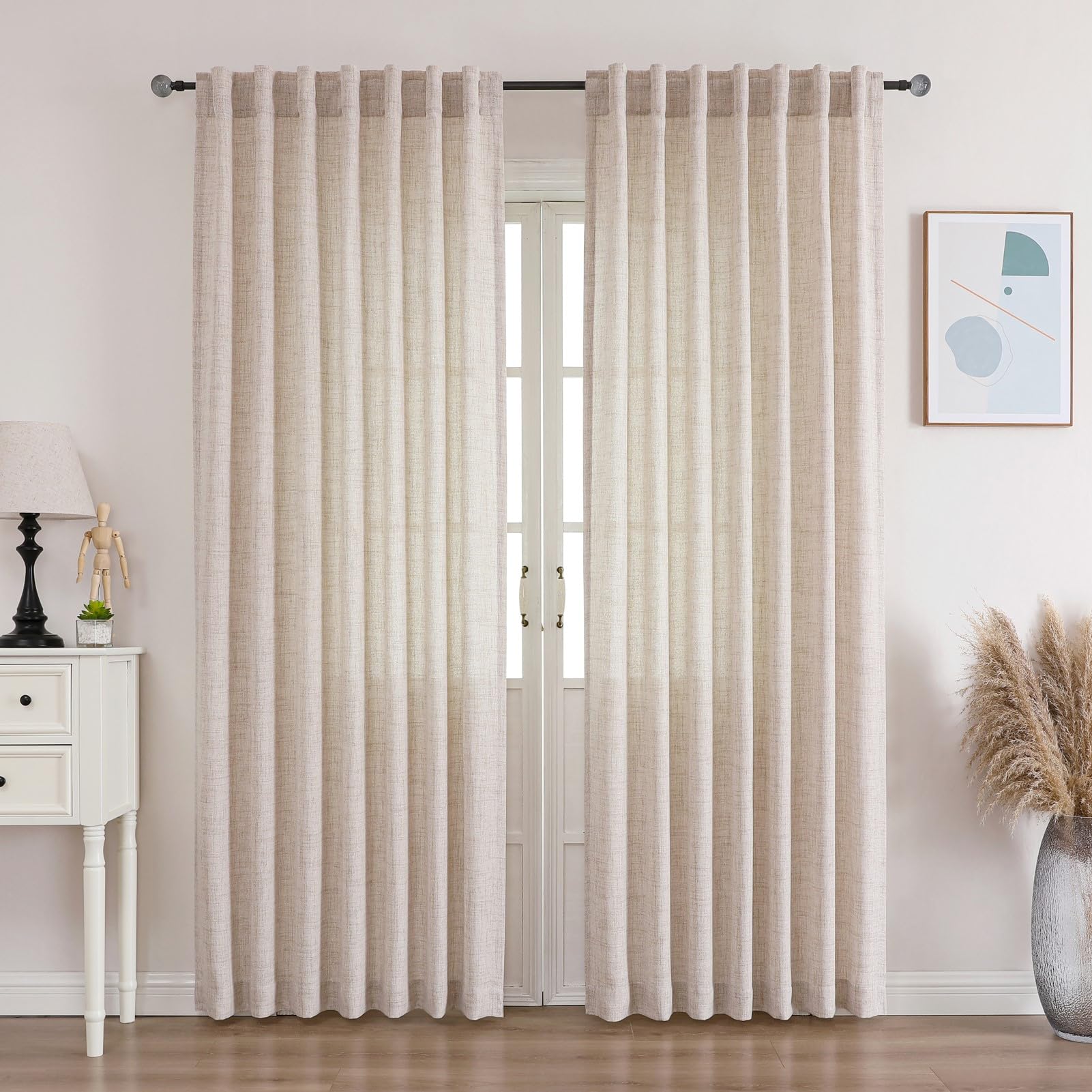Flyfun Lightweight Linen Curtains 63 Inch Long 2 Panels - Semi Sheer, Light Filtering, Rod Pocket & Back Tab, Linen Curtains for Living Room, 52W x