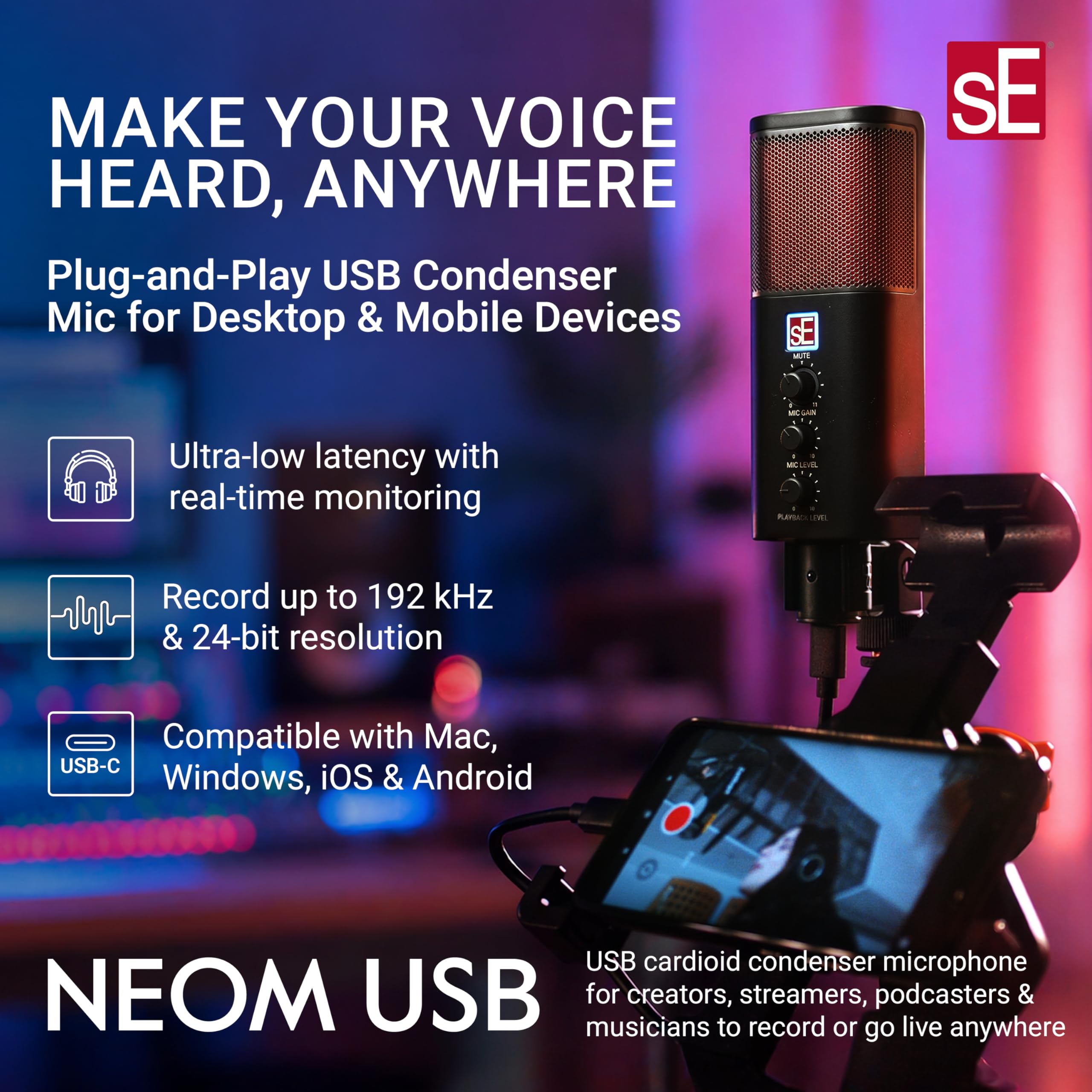 Amazon.com: sE Electronics Neom USB Microphone for PC, Mac, iPhone