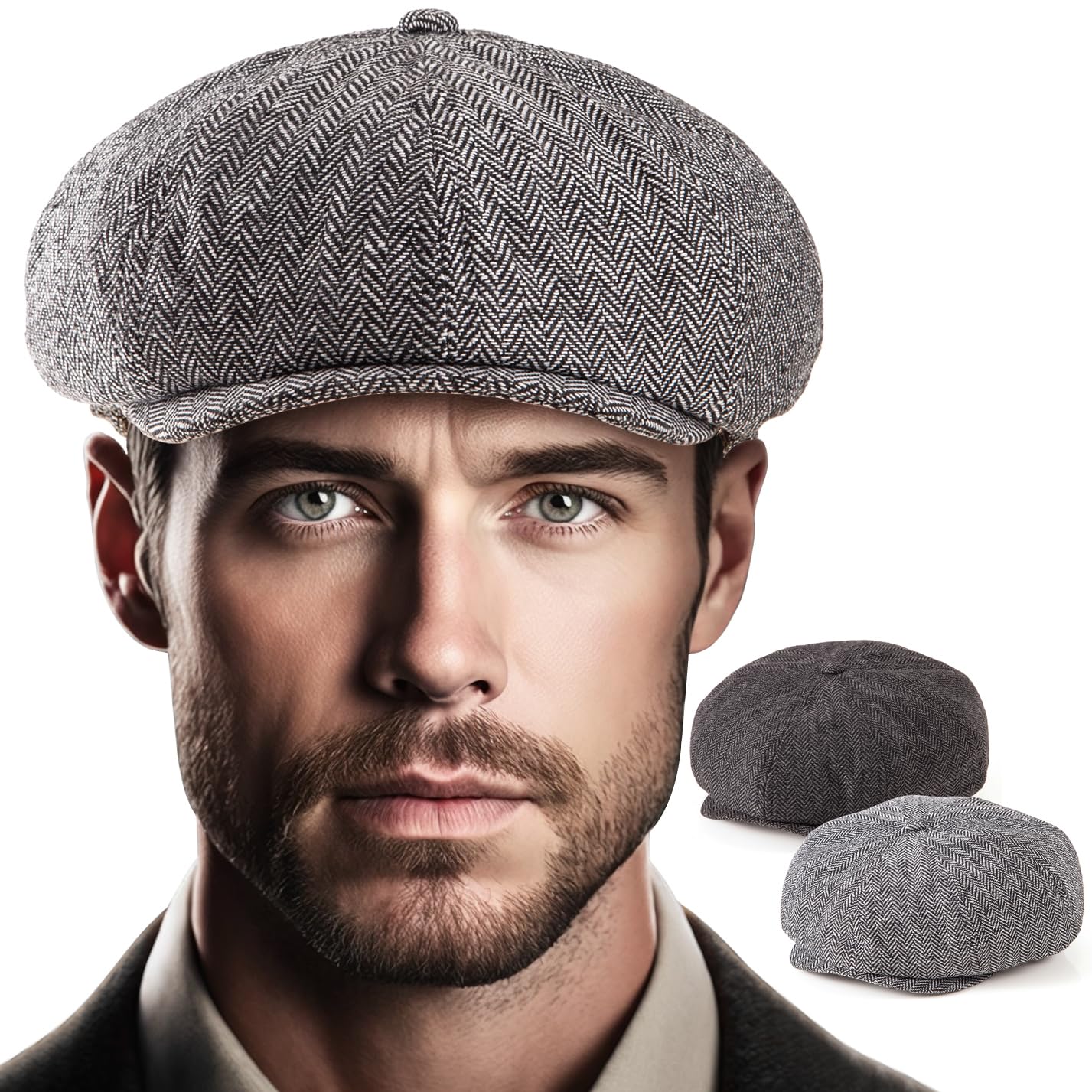 LADYBRO 2 Pack 8-Panel Newsboy Hats for Men Cabbie Wool Blend Tweed Irish Cap Adjustable