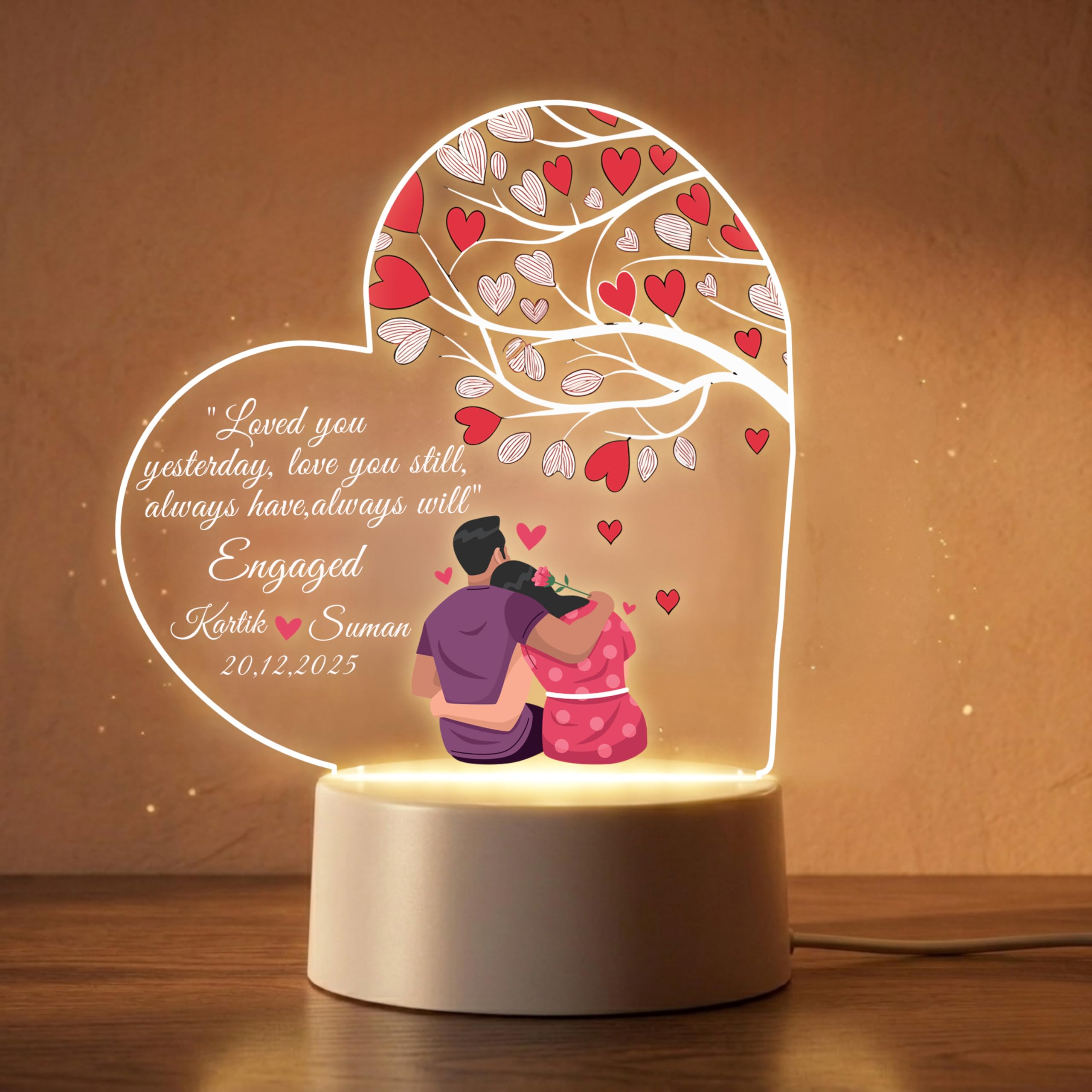 Personalized LED Lamp for Couples | Romantic Gift Custom Acrylic Night Light with Name & Date | Love Tree Design Engagement Wedding Bedroom Decor | Table Light with White Base | 5.5x5.5 inch-image-24