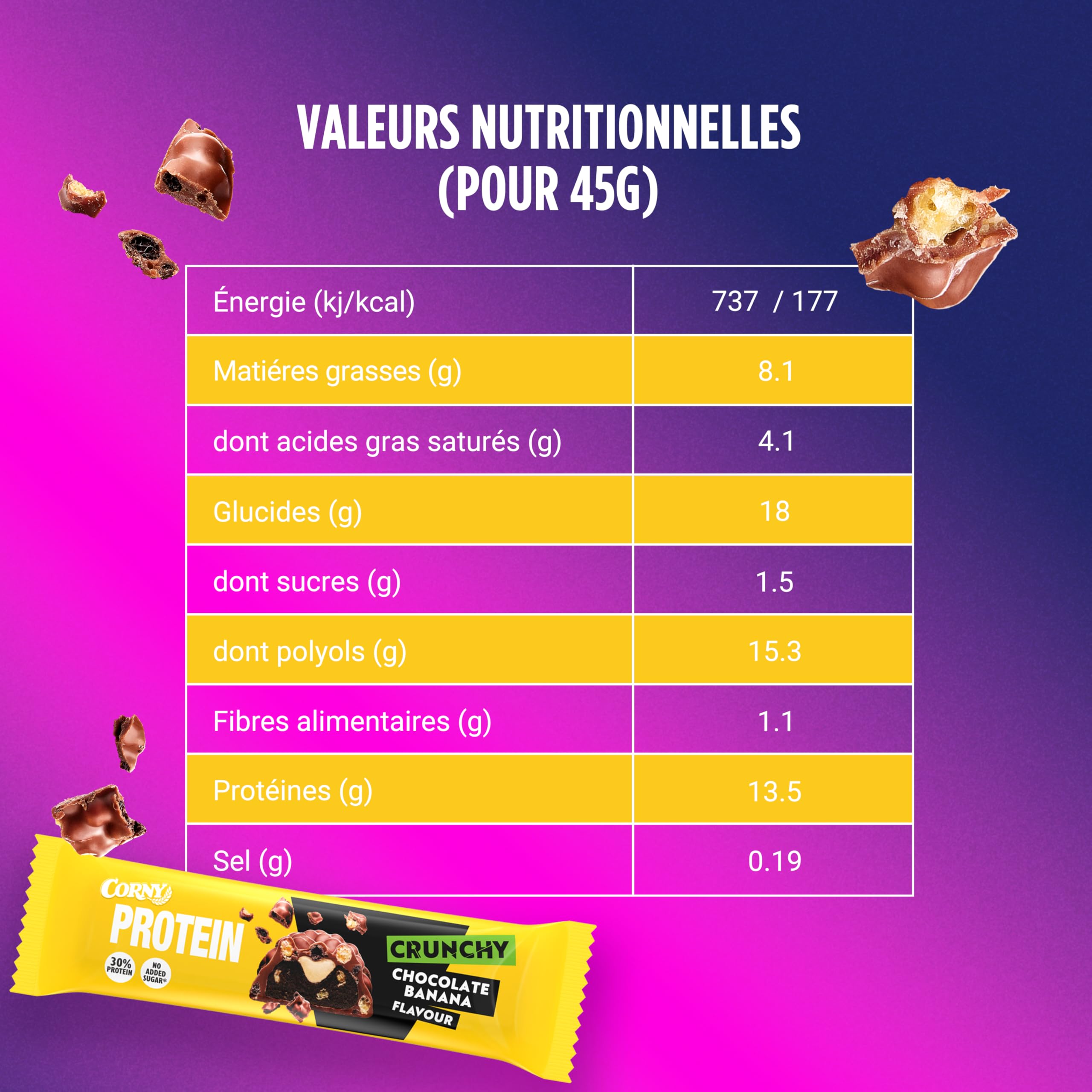 Barres protéinées, Corny Protein Crunchy, Chocolat au Lait Goût Banane, Avec collagène, 0% de sucres ajoutés, Pack de 12x45g, Taste the Power